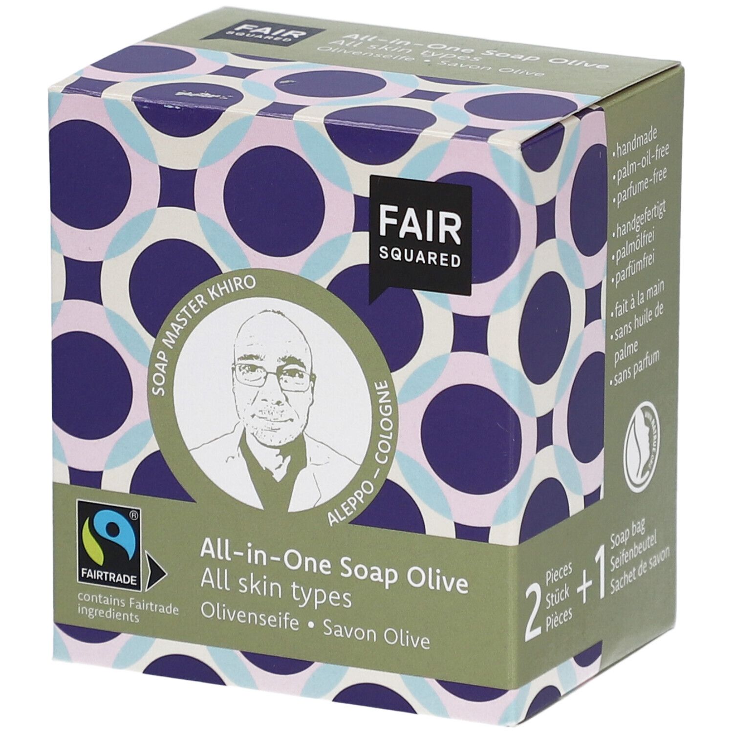 Emballage de savon All-in-One Olive FAIR SQUARED. Label Fairtrade, portrait de Soap Master Khiro.