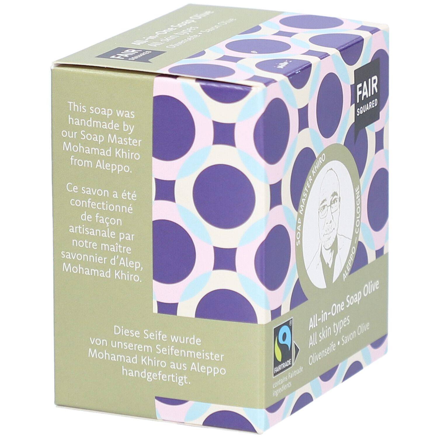 Emballage de savon All-in-One Olive FAIR SQUARED. Texte sur le savon fait main par Soap Master Khiro.