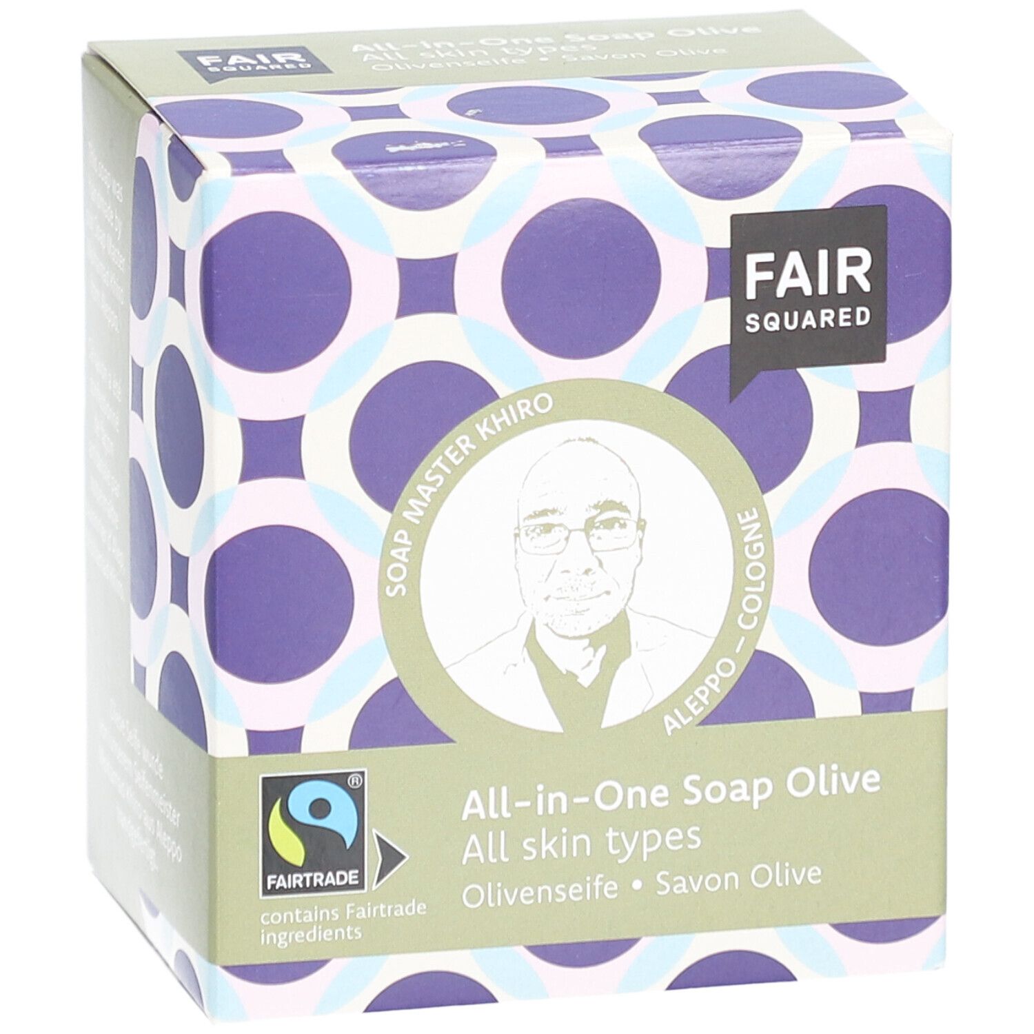 Emballage de savon All-in-One Olive FAIR SQUARED. Logo FAIR SQUARED, label Fairtrade.