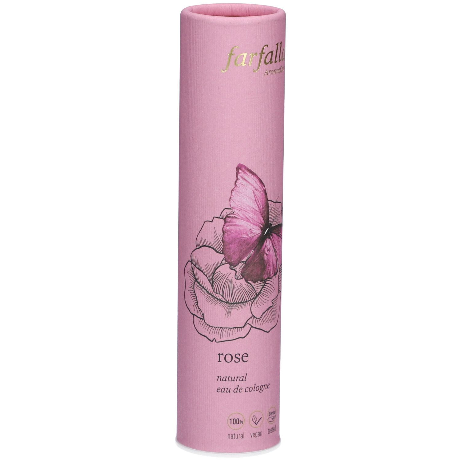 Tube en carton rose avec papillon et rose, inscription 'rose natural eau de cologne'.