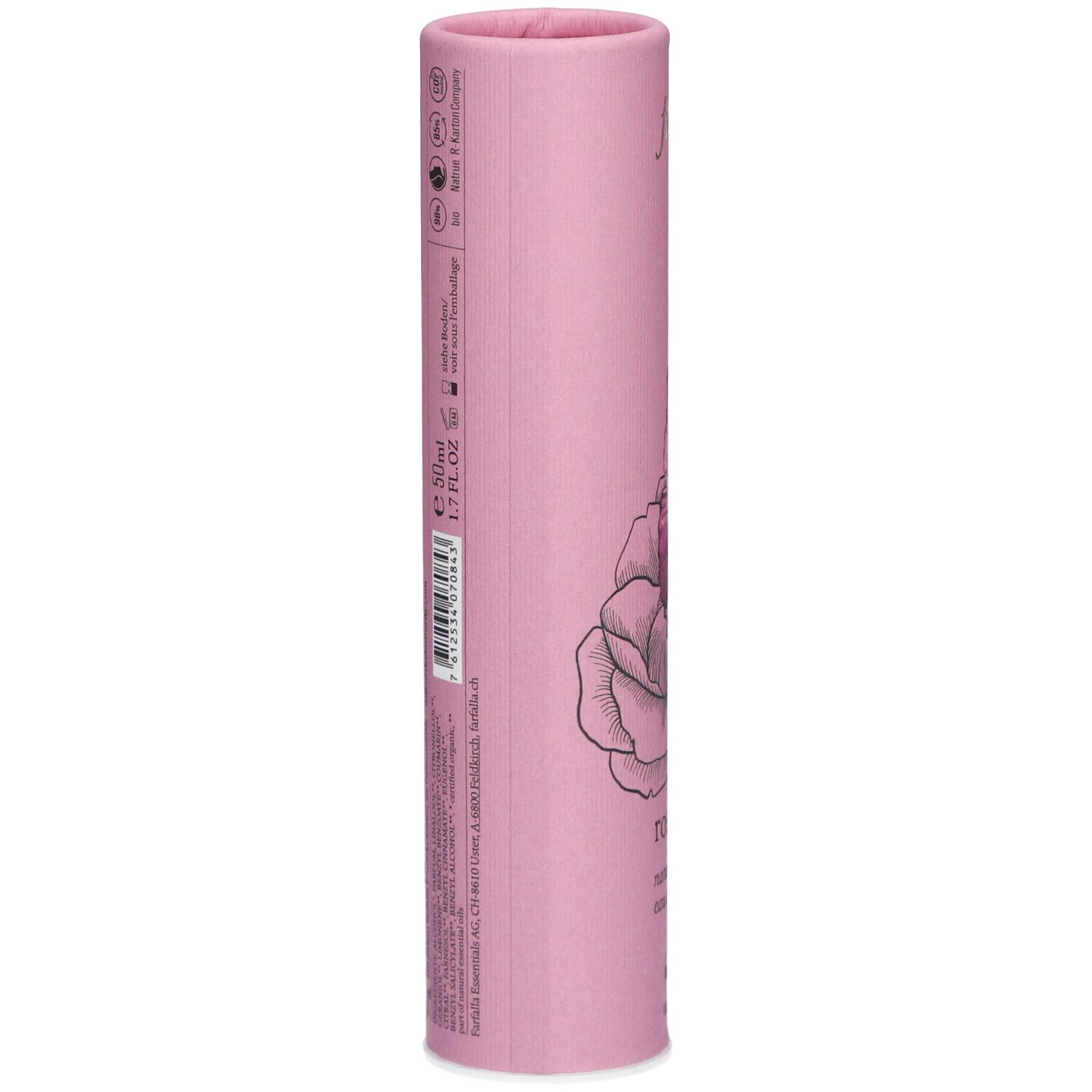 Tube en carton rose avec informations produit, sceaux et code-barres. 50ml.