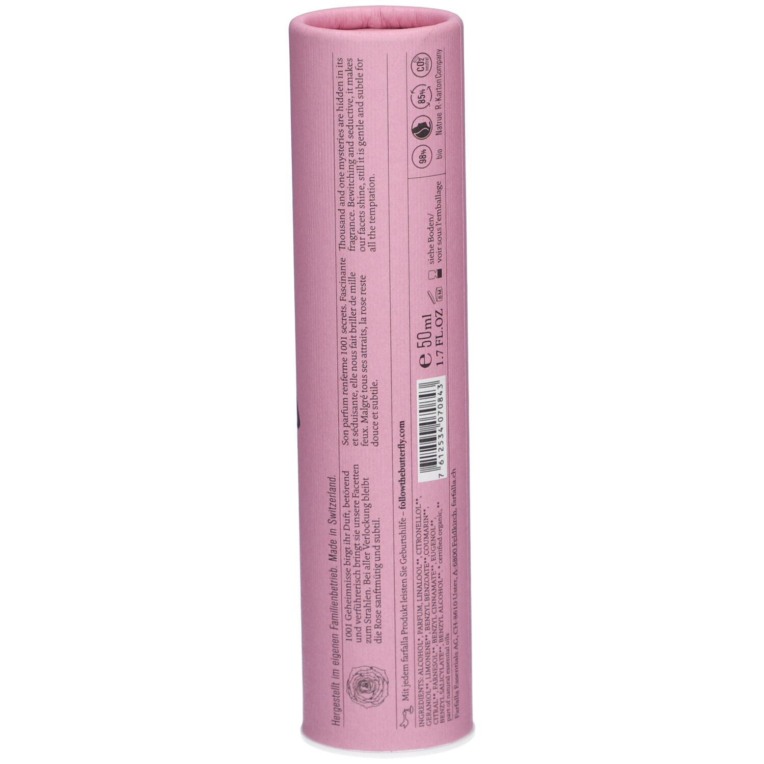 Tube en carton rose avec texte, sceaux et code-barres. Fabriqué en Suisse.