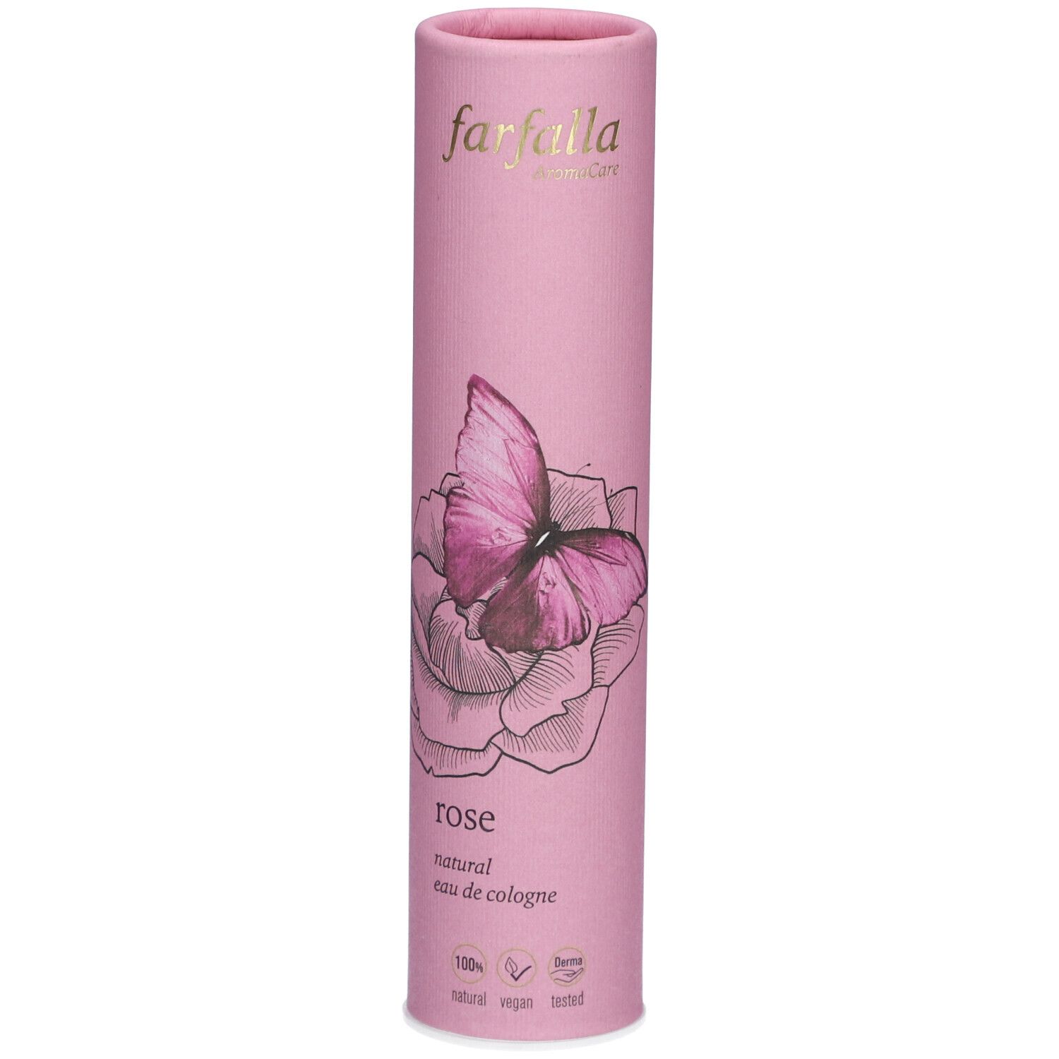 Tube en carton rose avec papillon et rose, inscription 'rose natural eau de cologne'.