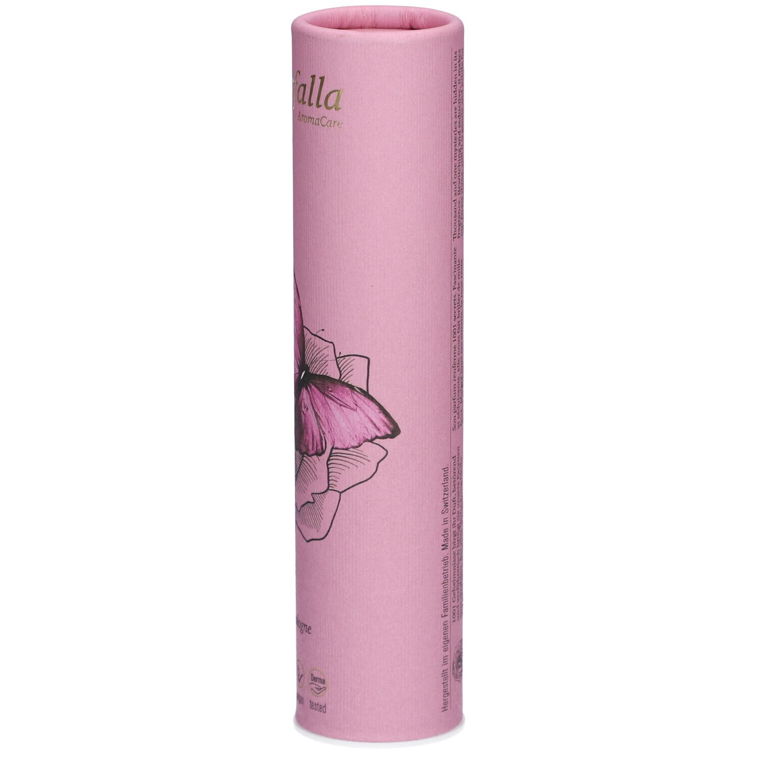 Tube en carton rose avec texte et sceaux. Fabriqué en Suisse.