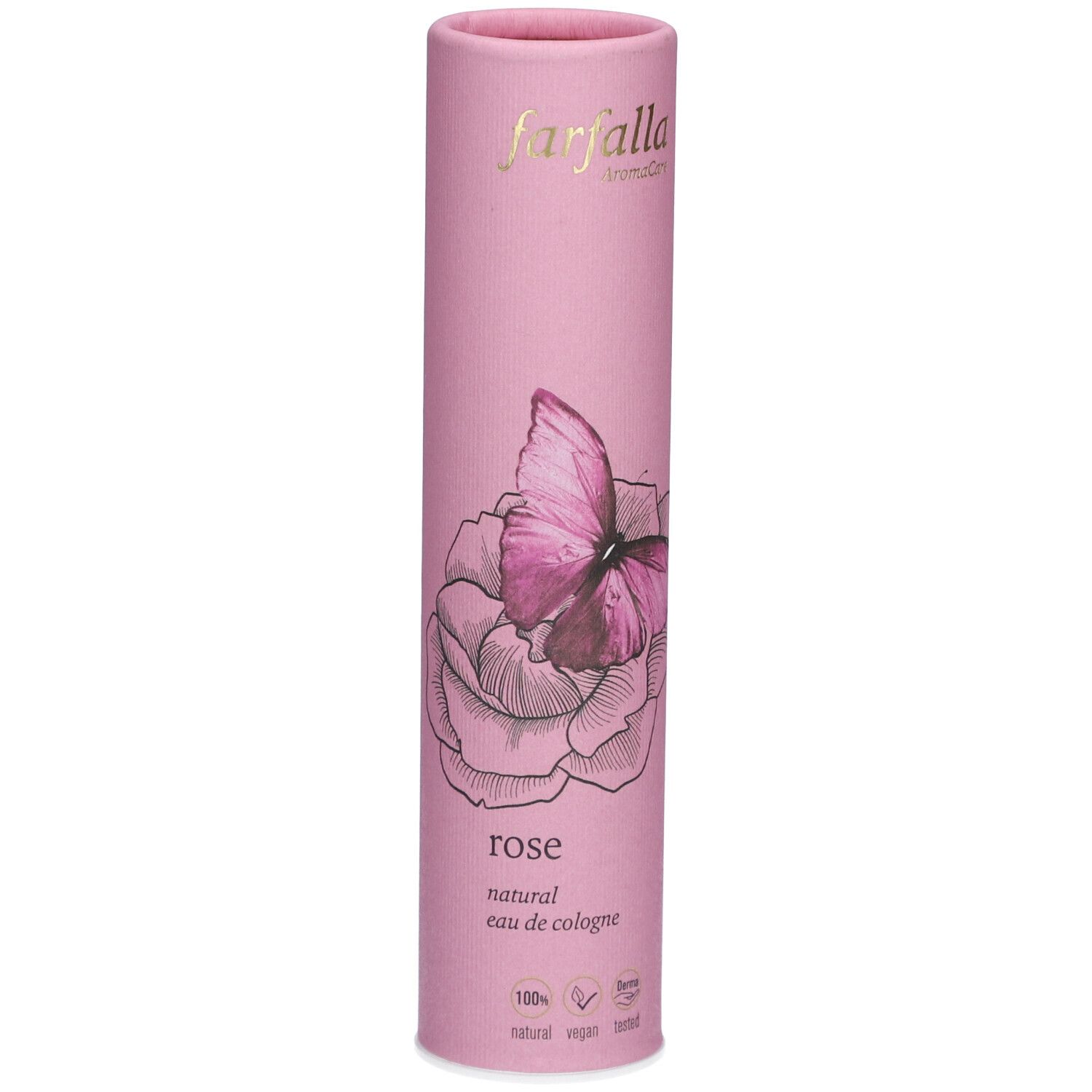 Tube en carton rose avec papillon et rose, inscription 'rose natural eau de cologne'.