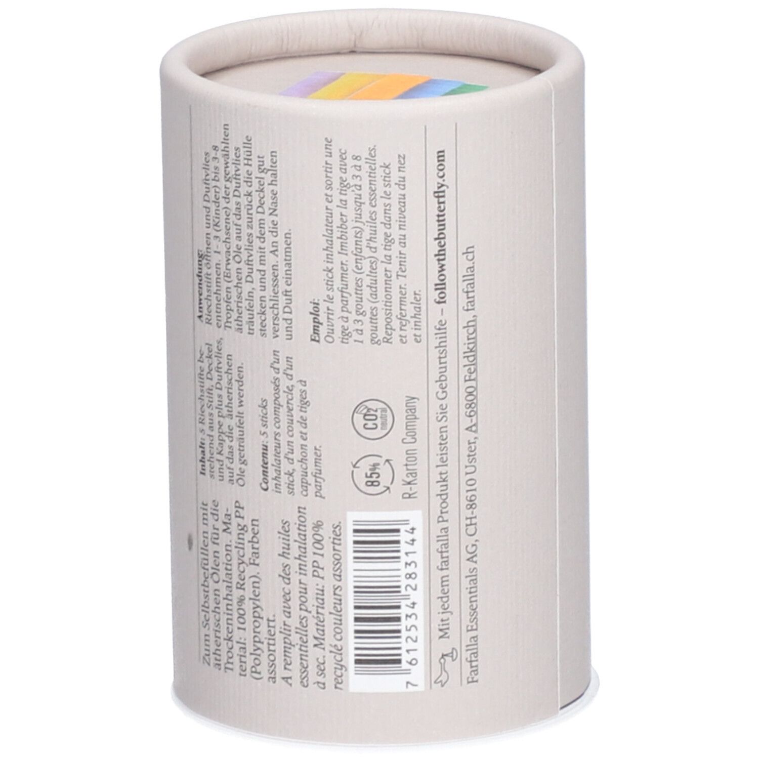 Emballage cylindrique, dos avec texte. Inscription : farfalla Essentials, ingrédients, utilisation, recyclable.