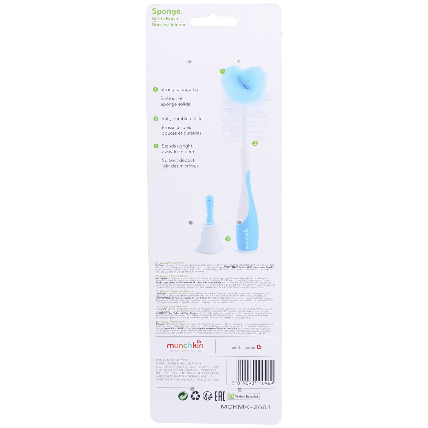 Dos de l'emballage de la brosse à biberon. Caractéristiques du produit et marque.