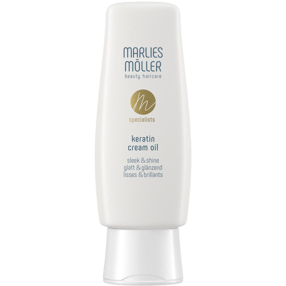 Bouteille Marlies Möller Keratin Cream Oil avec bouchon blanc.