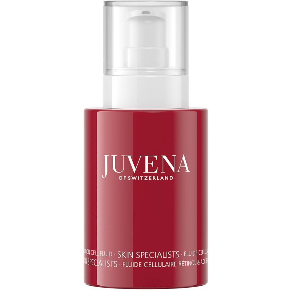 Flacon rouge avec bouchon blanc. Inscription: JUVENA OF SWITZERLAND. Texte: SKIN SPECIALISTS, Retinol & Hyaluron Cell Fluid.