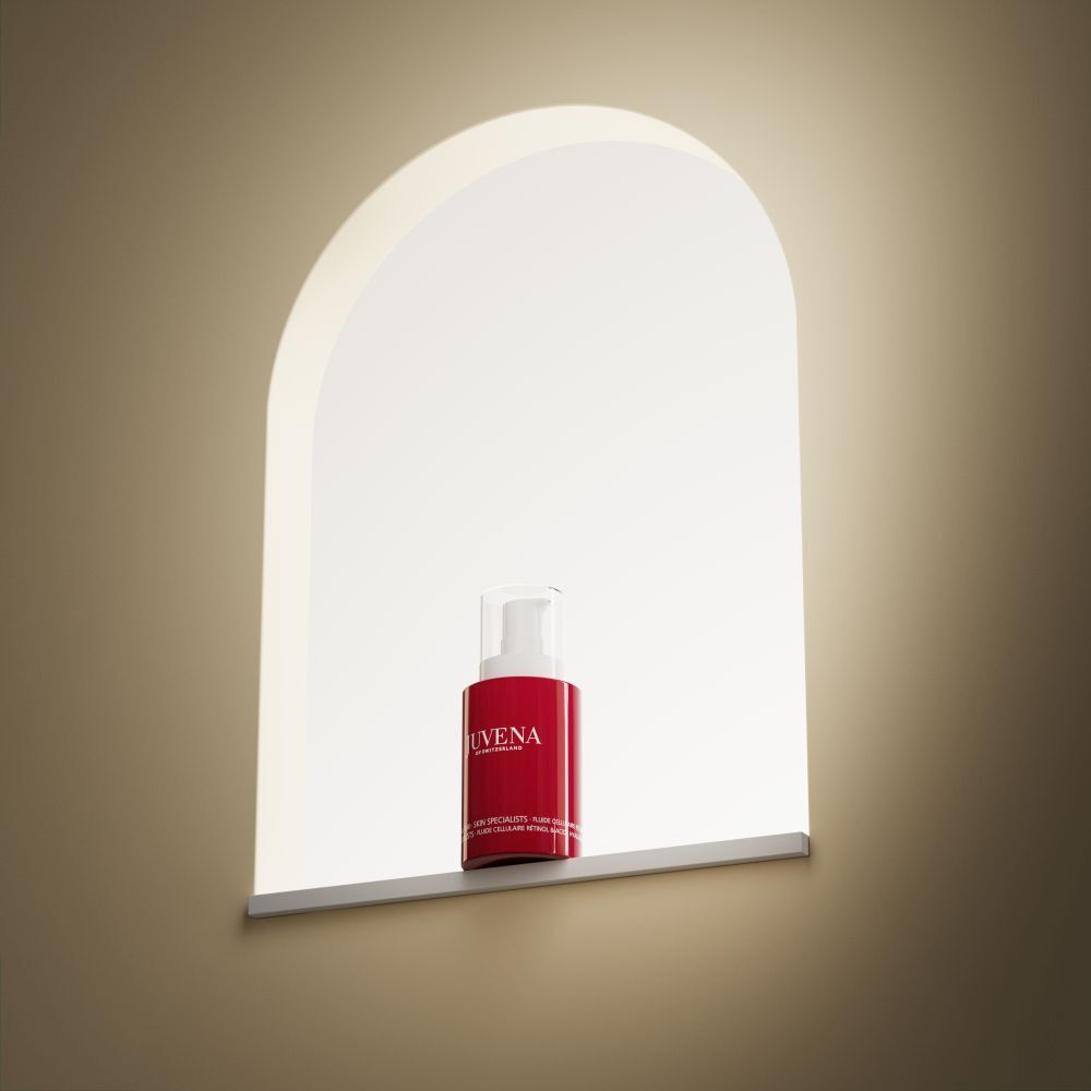 Flacon rouge avec bouchon blanc. Inscription: JUVENA. Placé dans une niche.