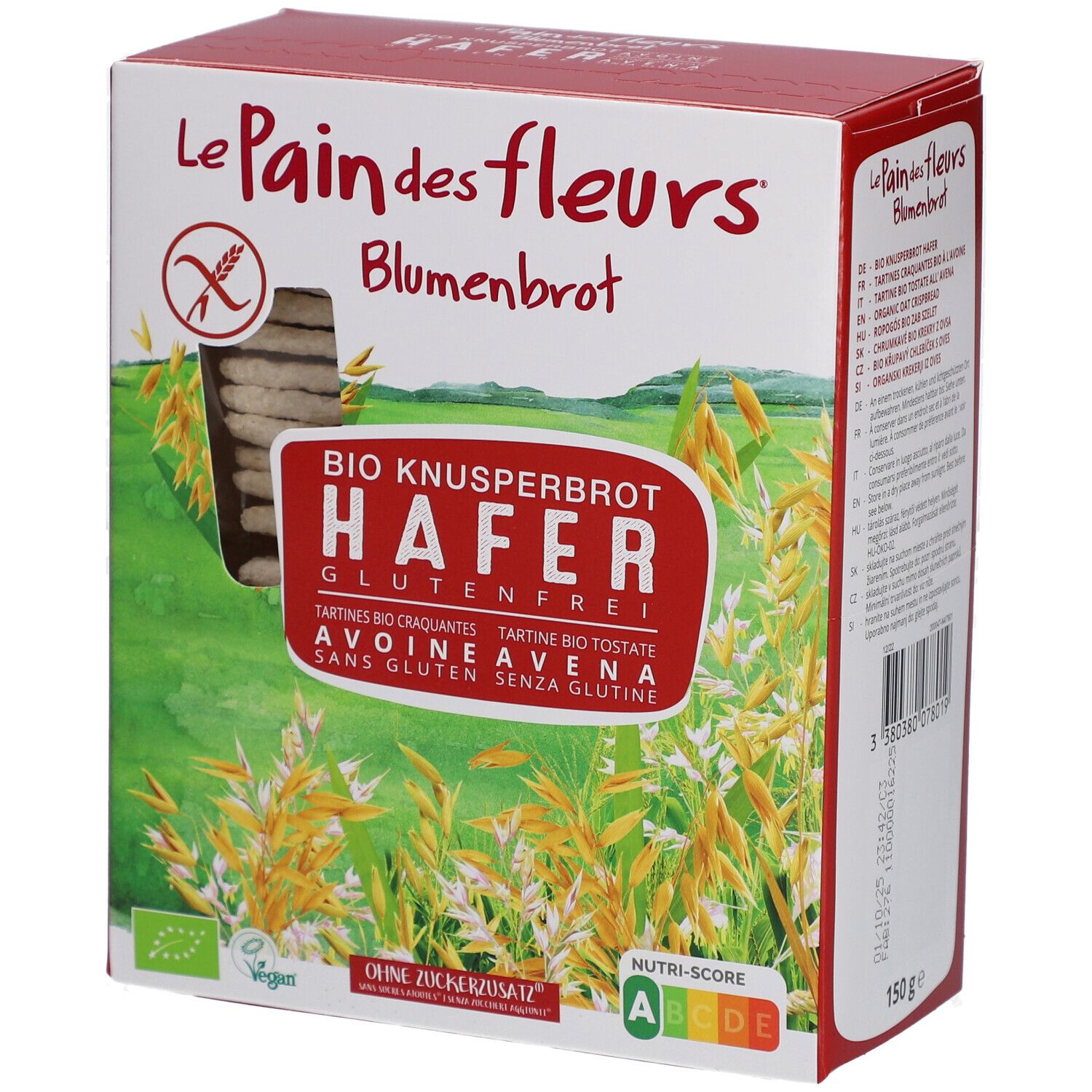 Boîte de Blumenbrot Bio Knusperbrot Hafer. Sans gluten, vegan, label bio, Nutri-Score. Boîte verte, blanche et rouge avec image du produit.