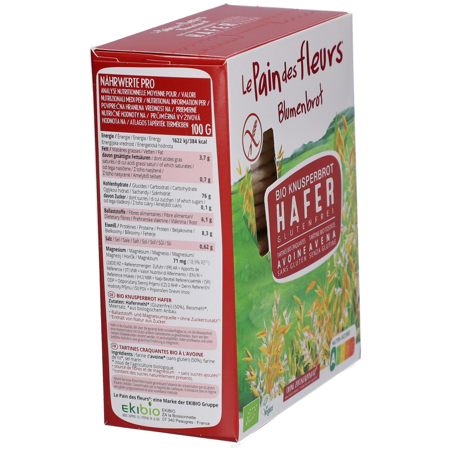 Dos de la boîte de Blumenbrot Bio Knusperbrot Hafer. Contient informations nutritionnelles, liste des ingrédients et fabricant. Emballage rouge.