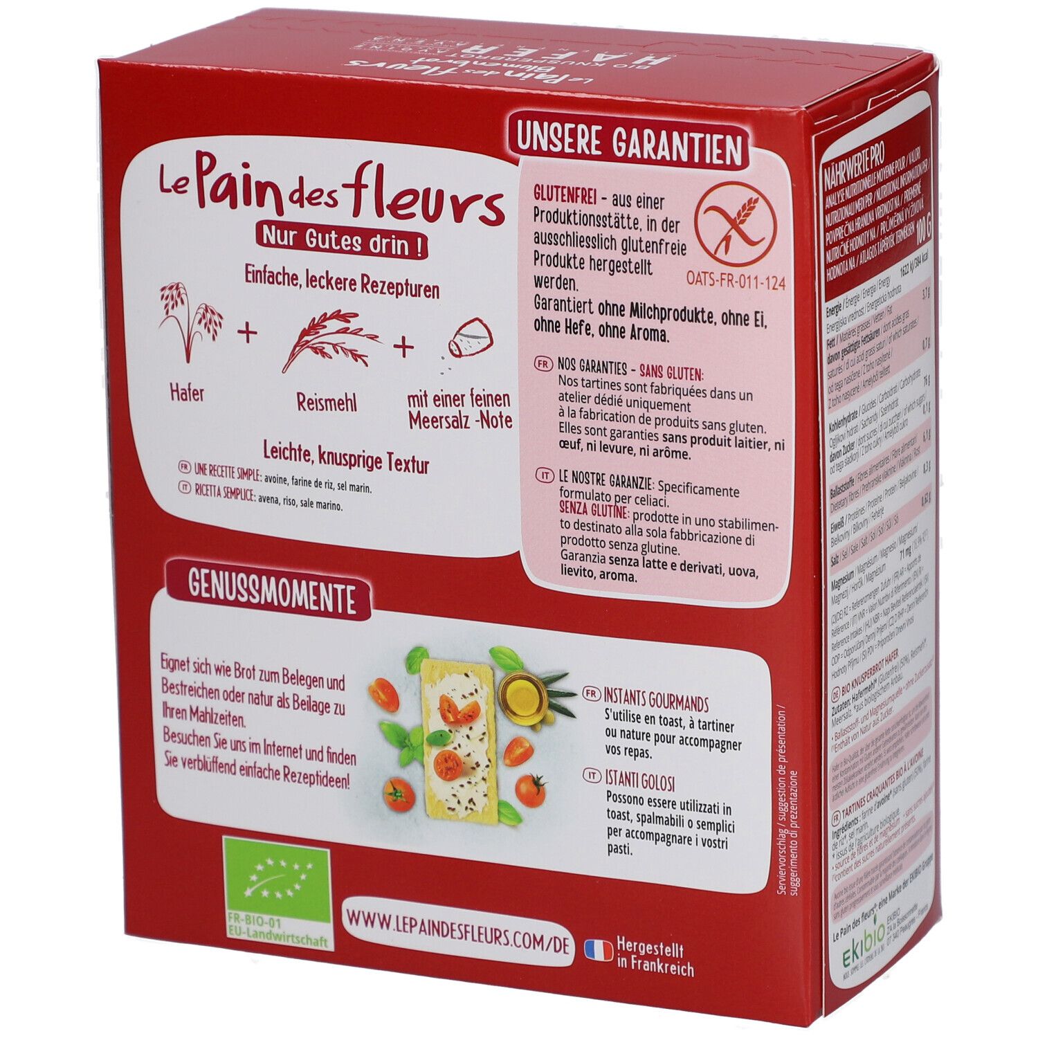 Dos de la boîte de Blumenbrot Bio Knusperbrot Hafer. Texte sur fabrication sans gluten, sans additifs. Emballage rouge.