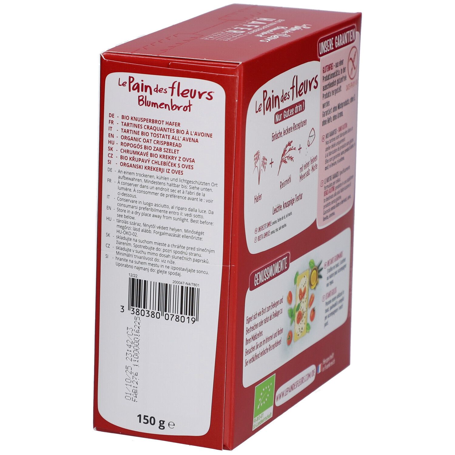 Vue latérale de la boîte de Blumenbrot Bio Knusperbrot Hafer. Contient informations sur ingrédients et poids. Emballage rouge.