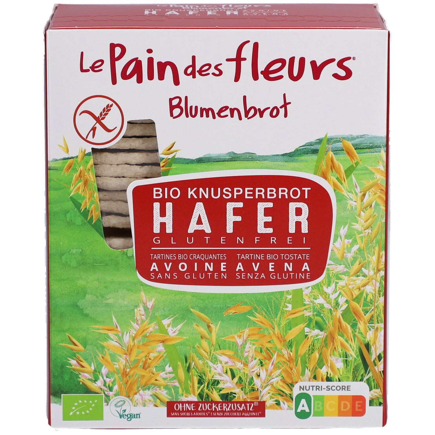 Face avant de la boîte de Blumenbrot Bio Knusperbrot Hafer. Sans gluten, vegan, label bio, Nutri-Score. Boîte verte, blanche et rouge.