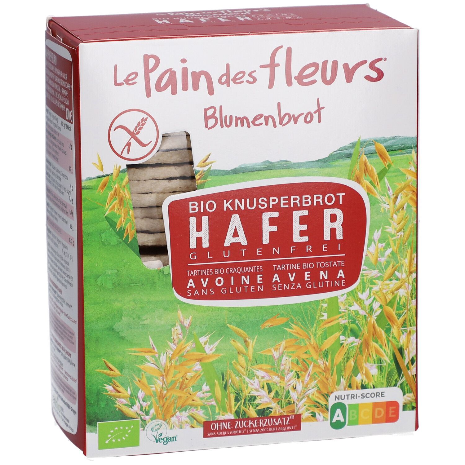 Face avant de la boîte de Blumenbrot Bio Knusperbrot Hafer. Sans gluten, vegan, label bio, Nutri-Score. Boîte verte, blanche et rouge.