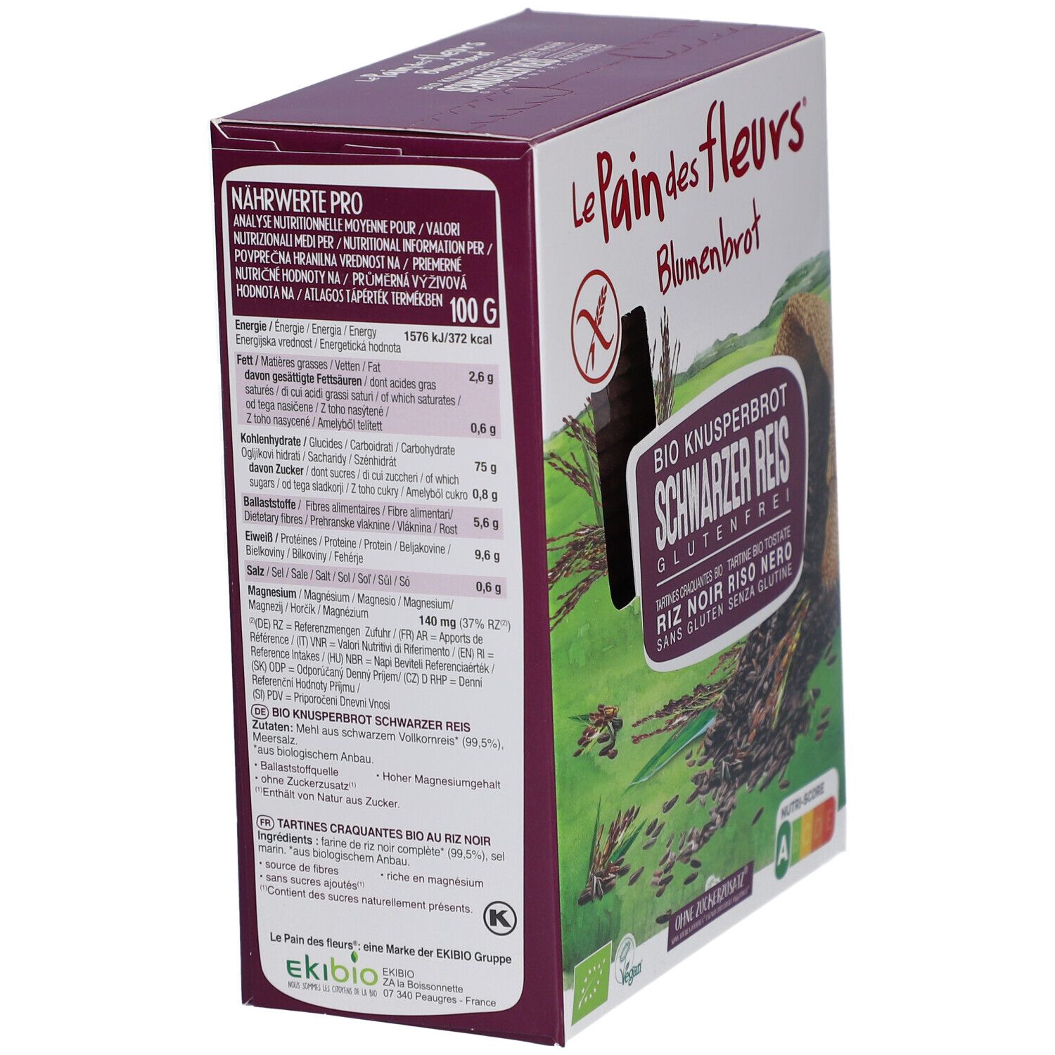 Boîte de Blumenbrot. Informations nutritionnelles pour 100g. Contient des informations sur l'énergie, les graisses, les glucides, le sucre, les protéines et le sel.