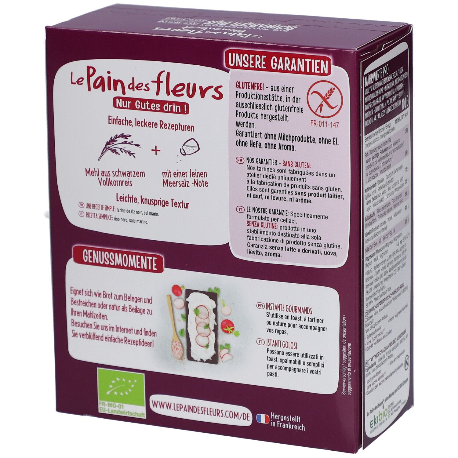 Dos de la boîte de Blumenbrot. Texte: Sans gluten, sans produits laitiers, sans arôme. Vegan. Informations sur les recettes et les moments gourmands.