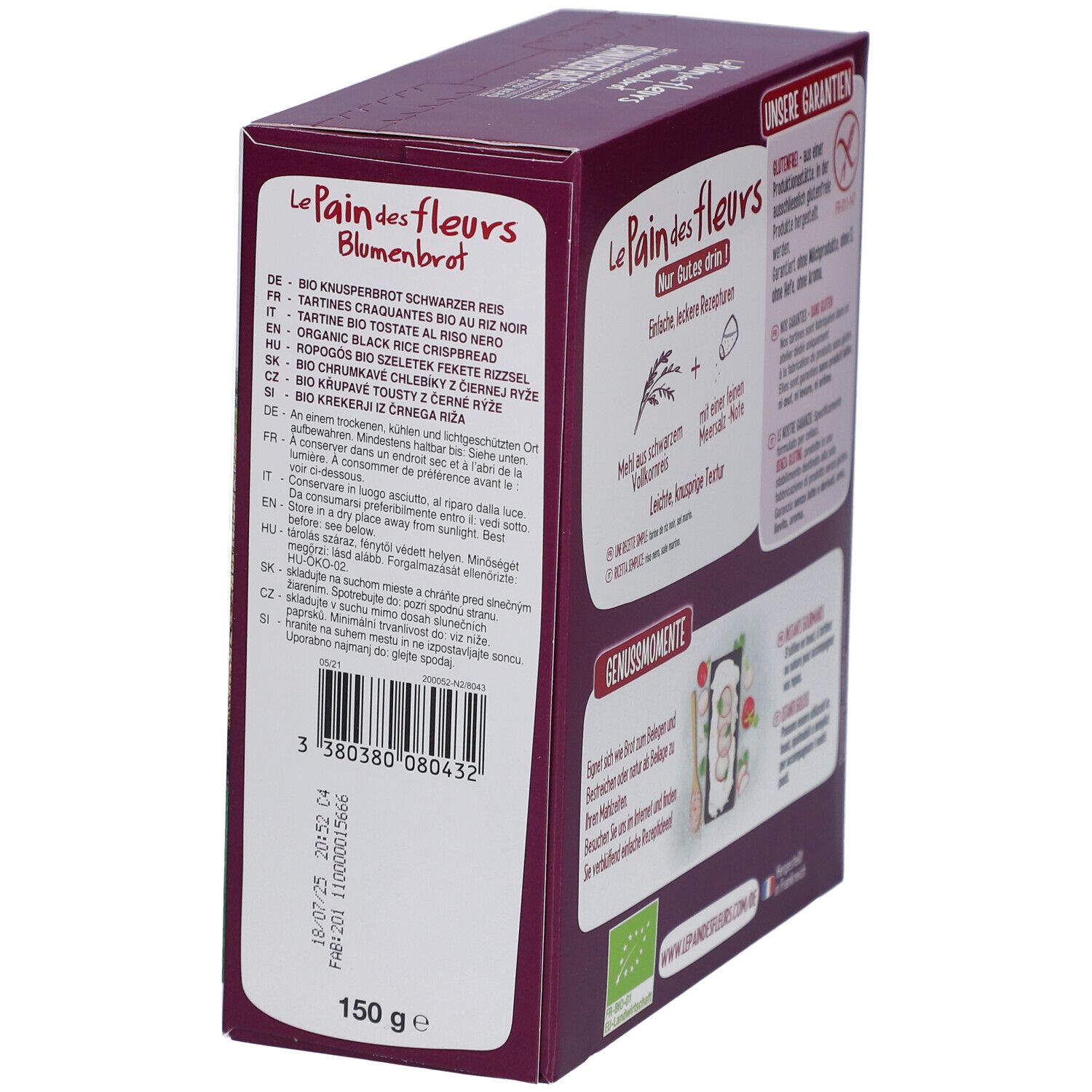 Boîte de Blumenbrot. Inscription: BIO Knusperbrot Schwarzer Reis Glutenfrei. Contient des informations sur les ingrédients et les valeurs nutritionnelles.
