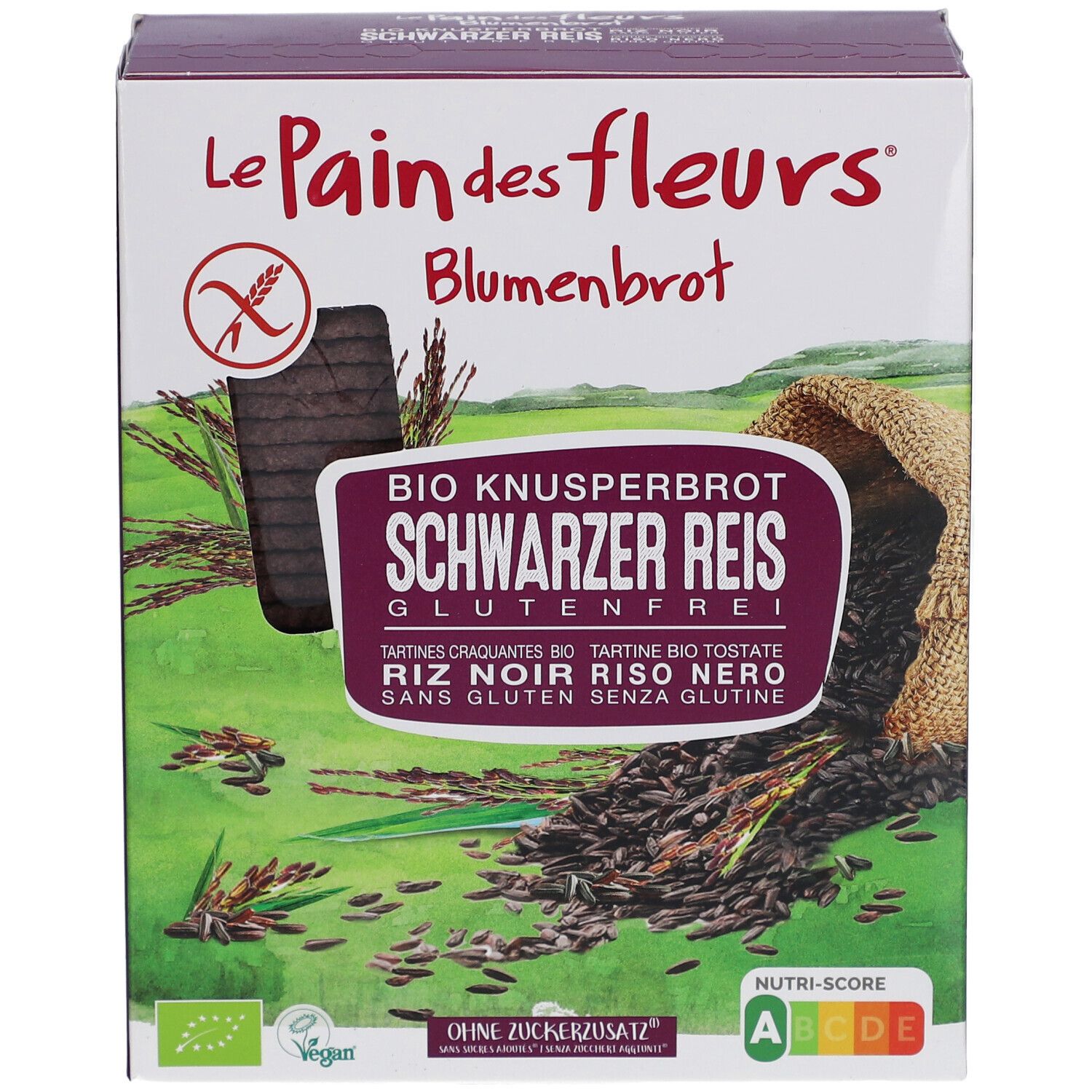 Boîte de Blumenbrot. Inscription: BIO Knusperbrot Schwarzer Reis Glutenfrei. Vegan, sans sucre ajouté. Nutri-Score A-B. Vue du produit.