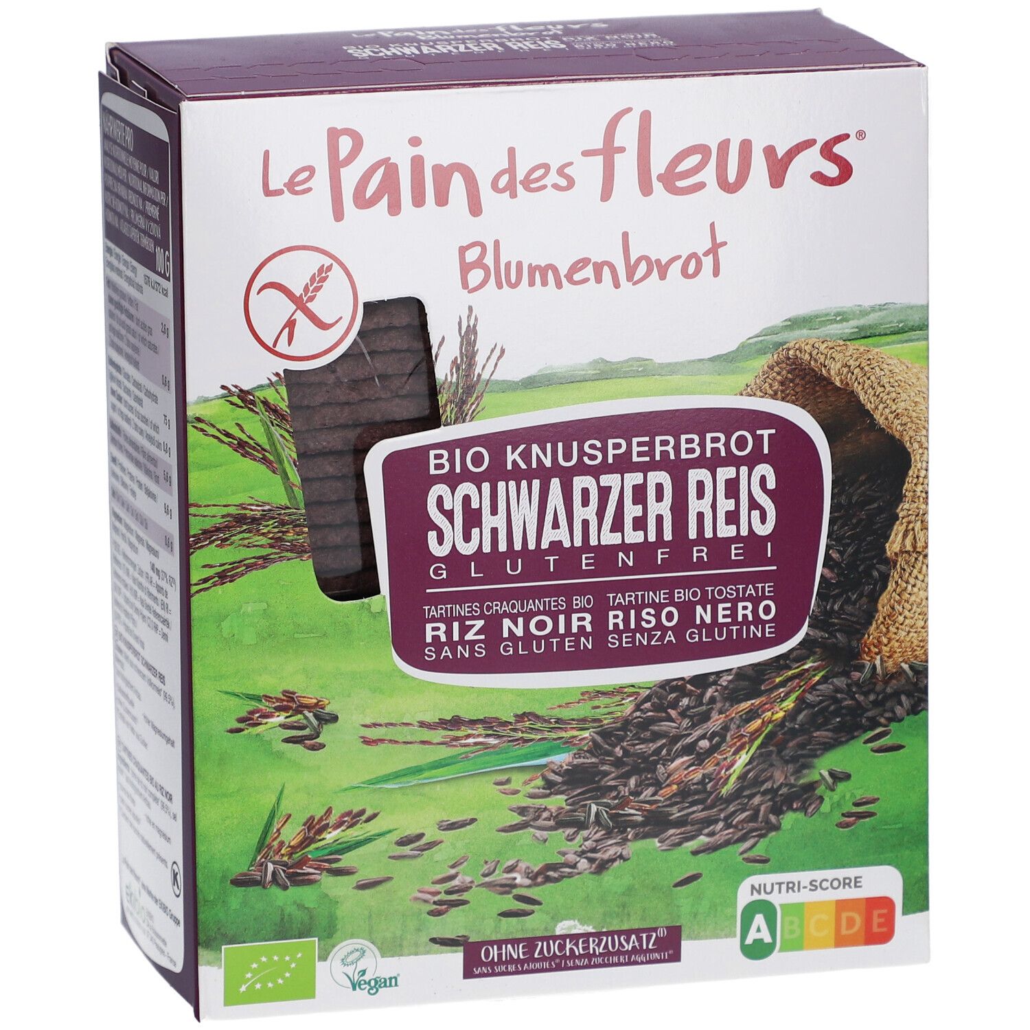 Boîte de Blumenbrot. Inscription: BIO Knusperbrot Schwarzer Reis Glutenfrei. Vegan, sans sucre ajouté. Nutri-Score A-B. Vue du produit.