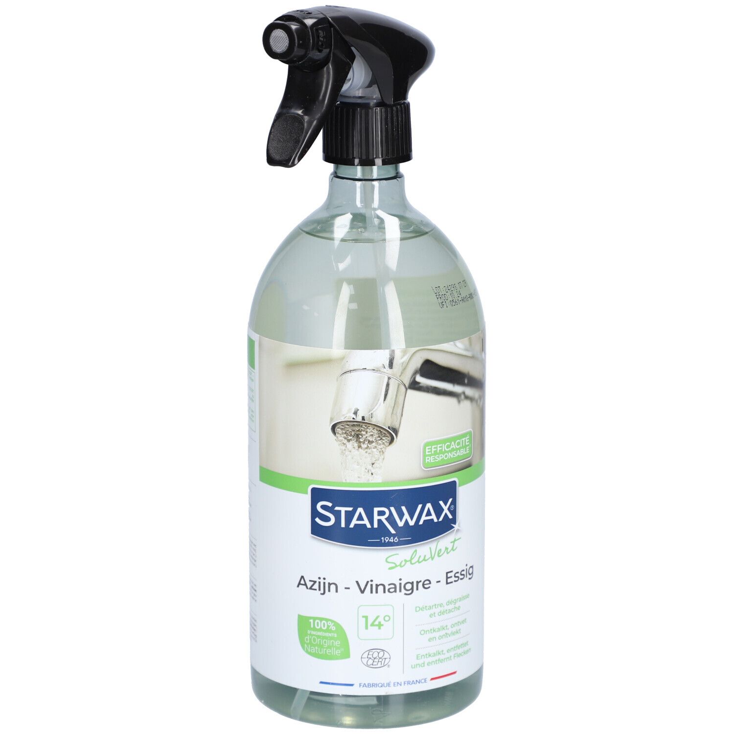 STARWAX Vinaigre Blanc 14° flacon pulvérisateur. L'étiquette montre un jet d'eau sur un robinet.