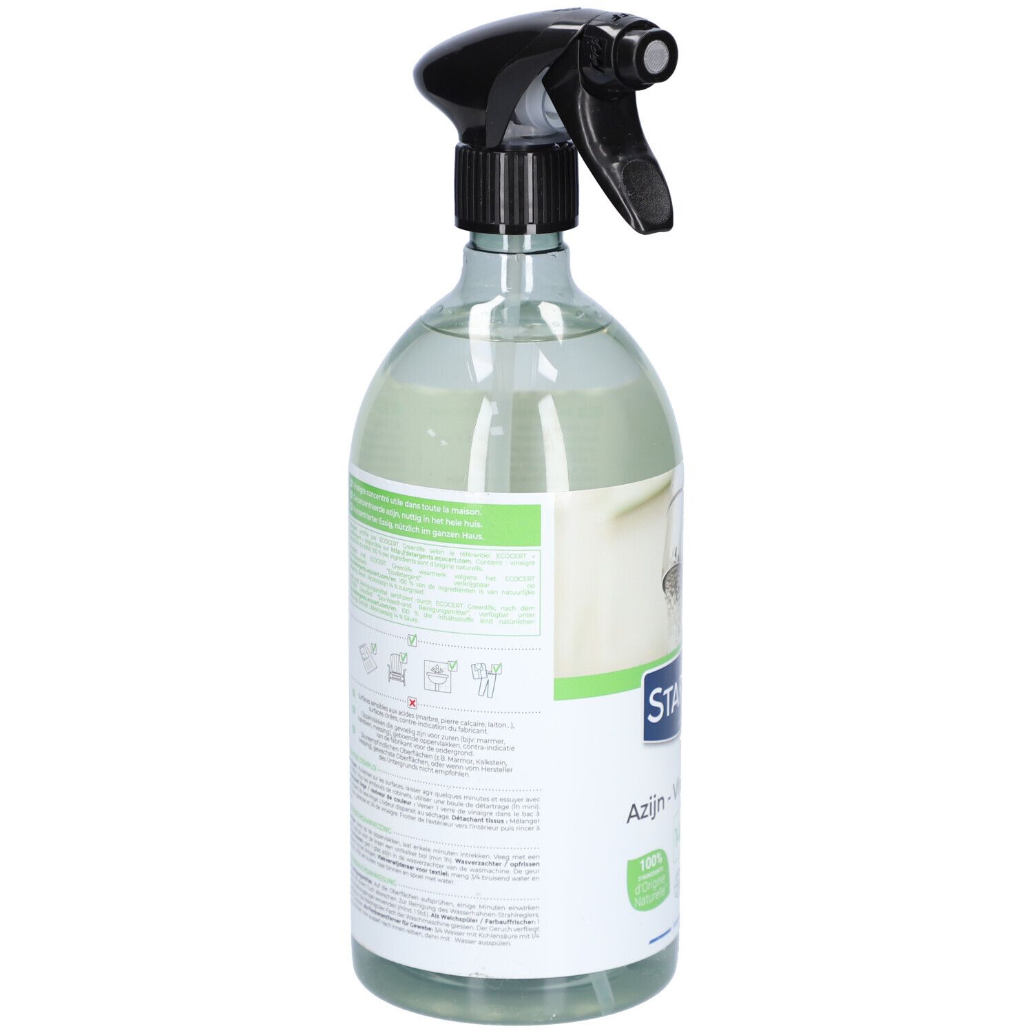 Dos de la bouteille STARWAX Vinaigre Blanc 14° avec informations détaillées et instructions d'utilisation.