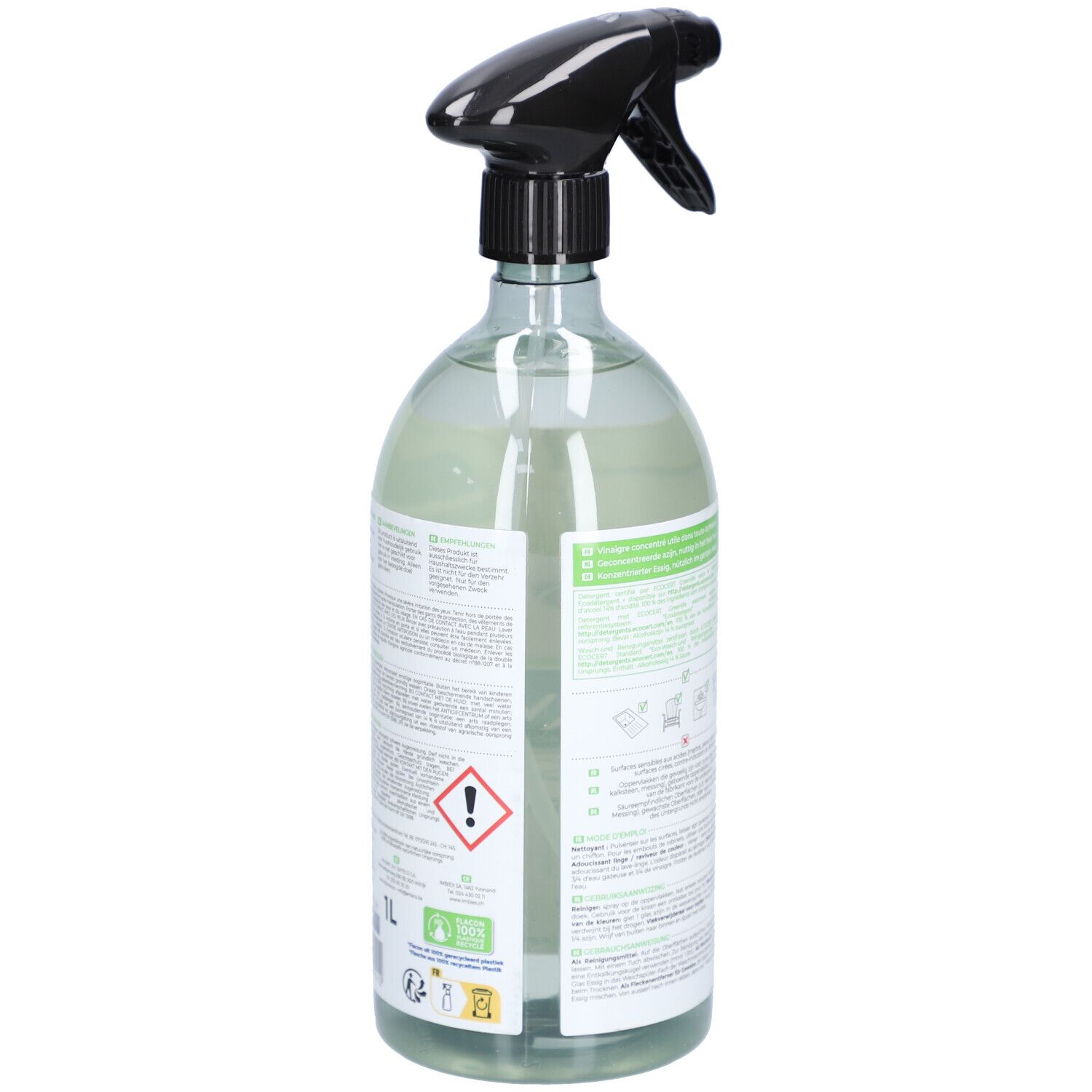 Vue latérale du flacon STARWAX Vinaigre Blanc 14°. Contient des symboles de danger et la mention 1L.