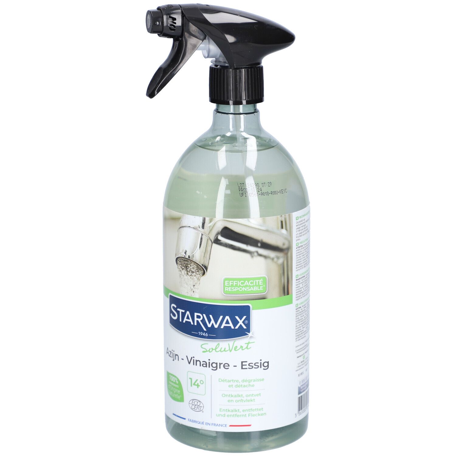 Dos du flacon STARWAX Vinaigre Blanc 14° avec code-barres et certifications environnementales.
