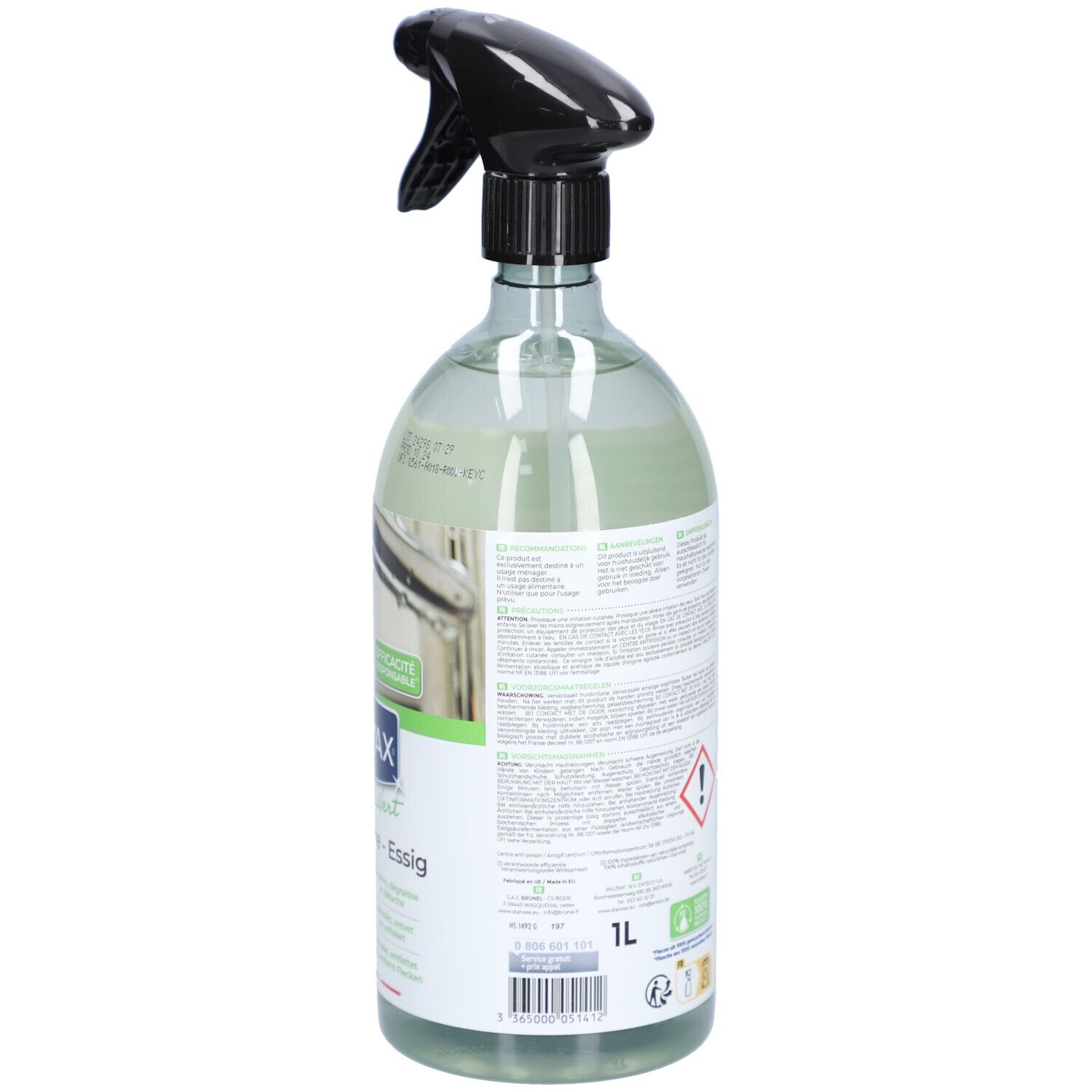 Dos du flacon STARWAX Vinaigre Blanc 14° avec code-barres et certifications environnementales.