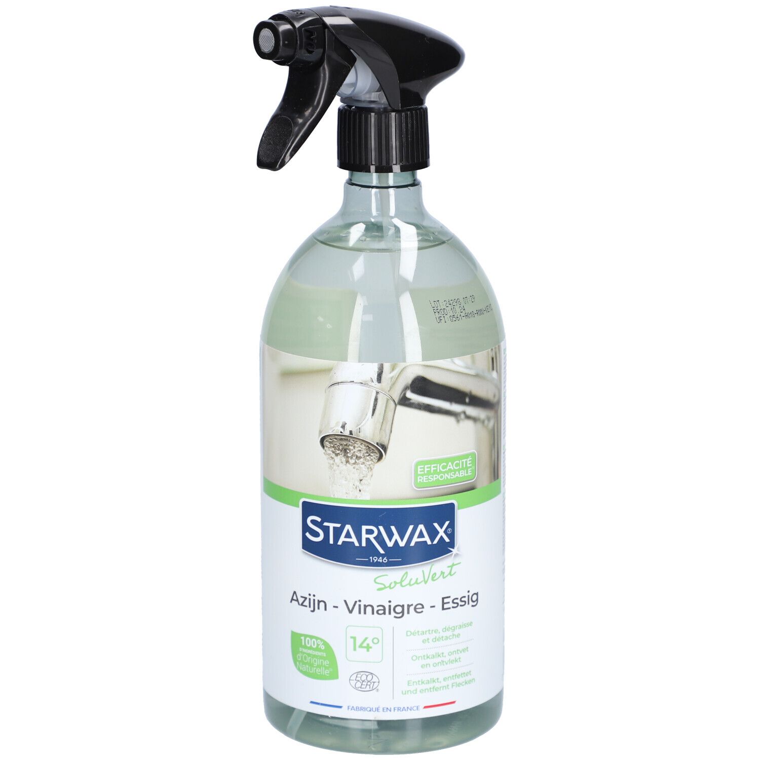 STARWAX Vinaigre Blanc 14° flacon pulvérisateur avec tête de pulvérisation noire. Flacon transparent avec étiquette verte.