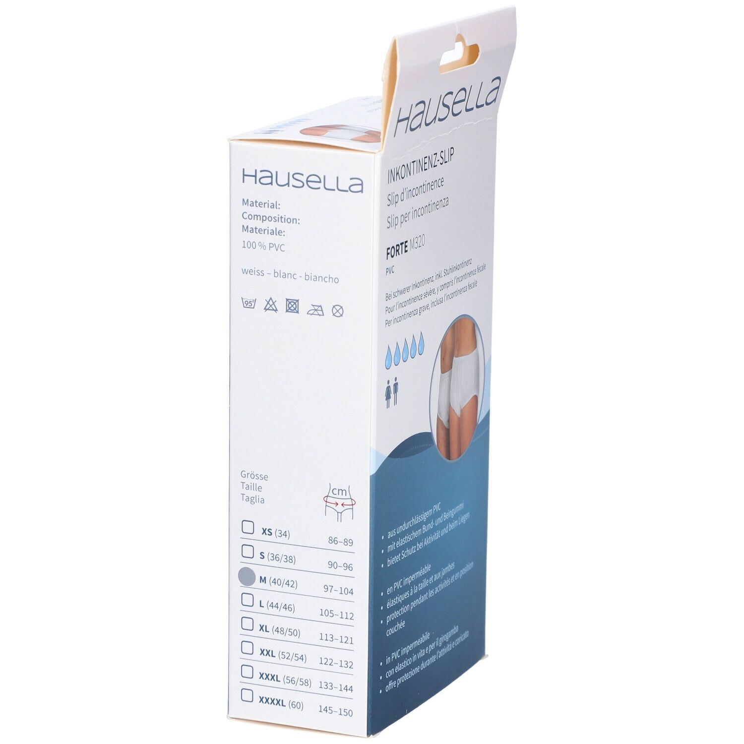Emballage HAUSELLA Inkon-Slip Forte M320. Nom du produit, logo, indications de taille et illustration.