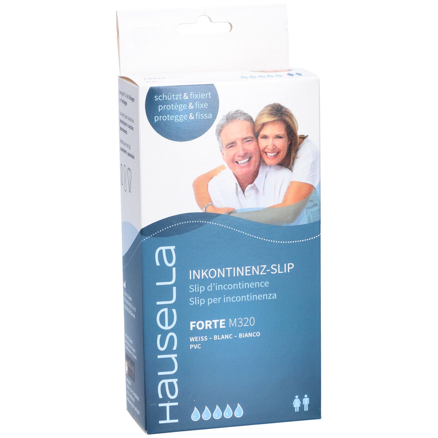 Emballage HAUSELLA Inkon-Slip Forte M320. Nom du produit, logo et image d'un couple.