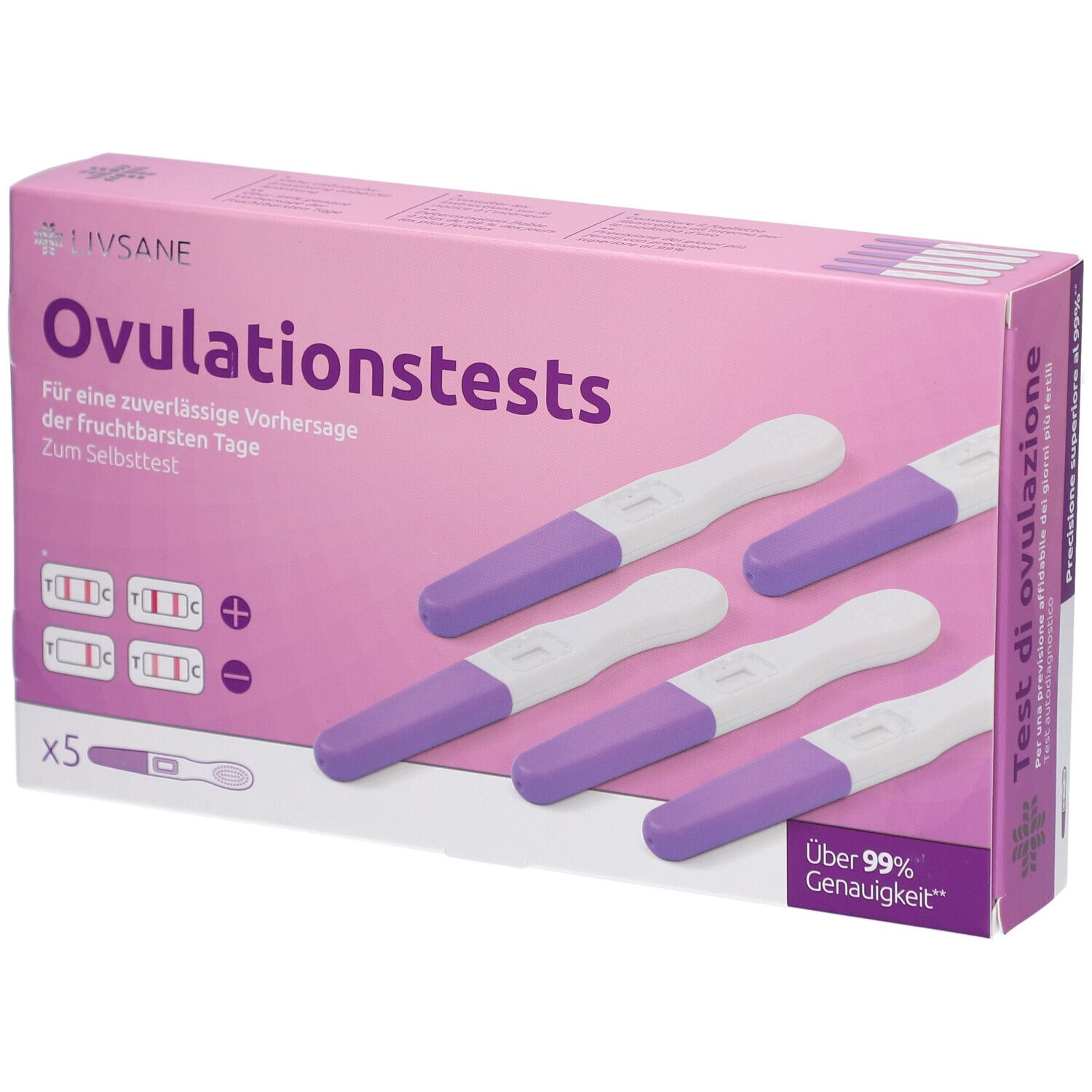 Boîte de tests d'ovulation LIVSANE avec 5 bâtonnets. Bâtonnets violets et blancs à côté de l'emballage. Sur l'emballage, il est écrit "Tests d'ovulation".