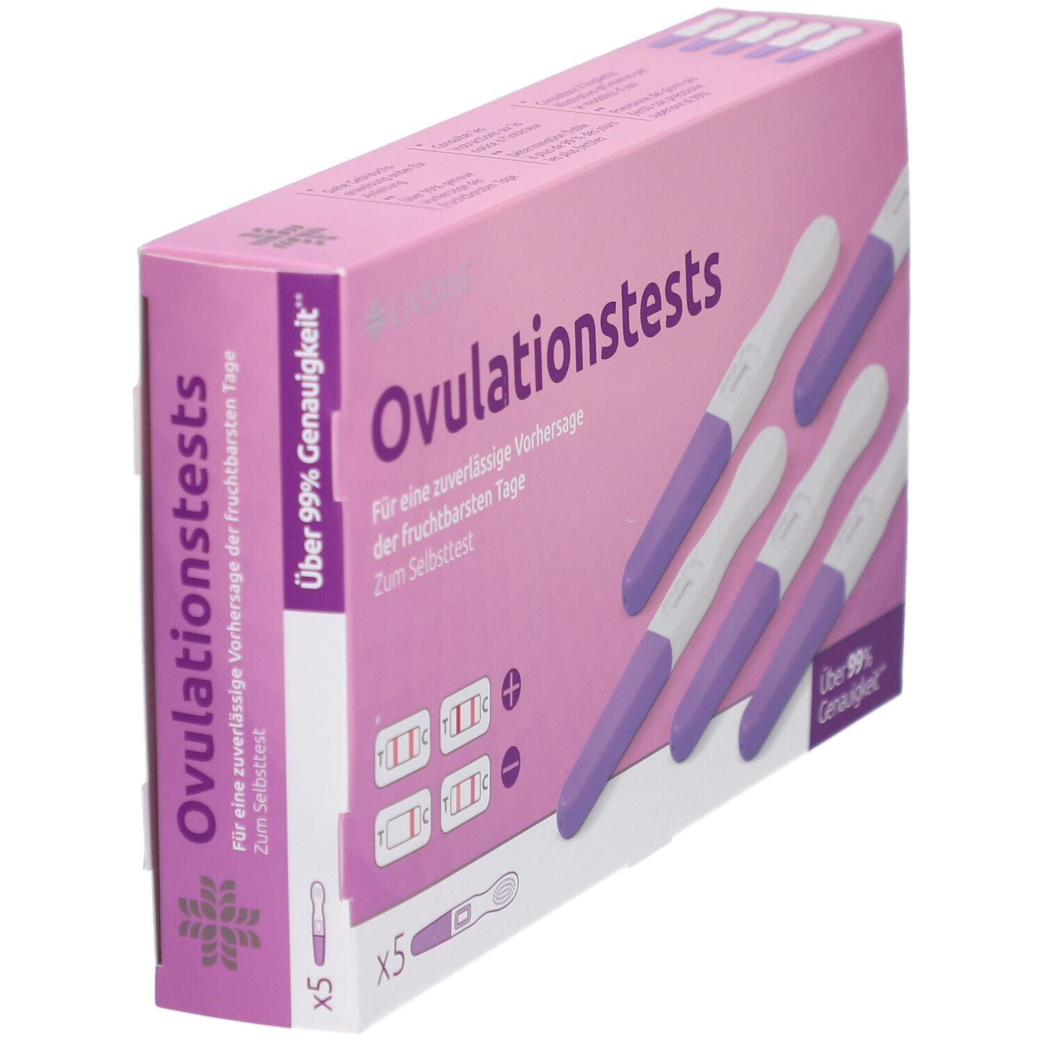 Boîte de 5 tests d'ovulation LIVSANE. Bâtonnets de test violets et blancs.