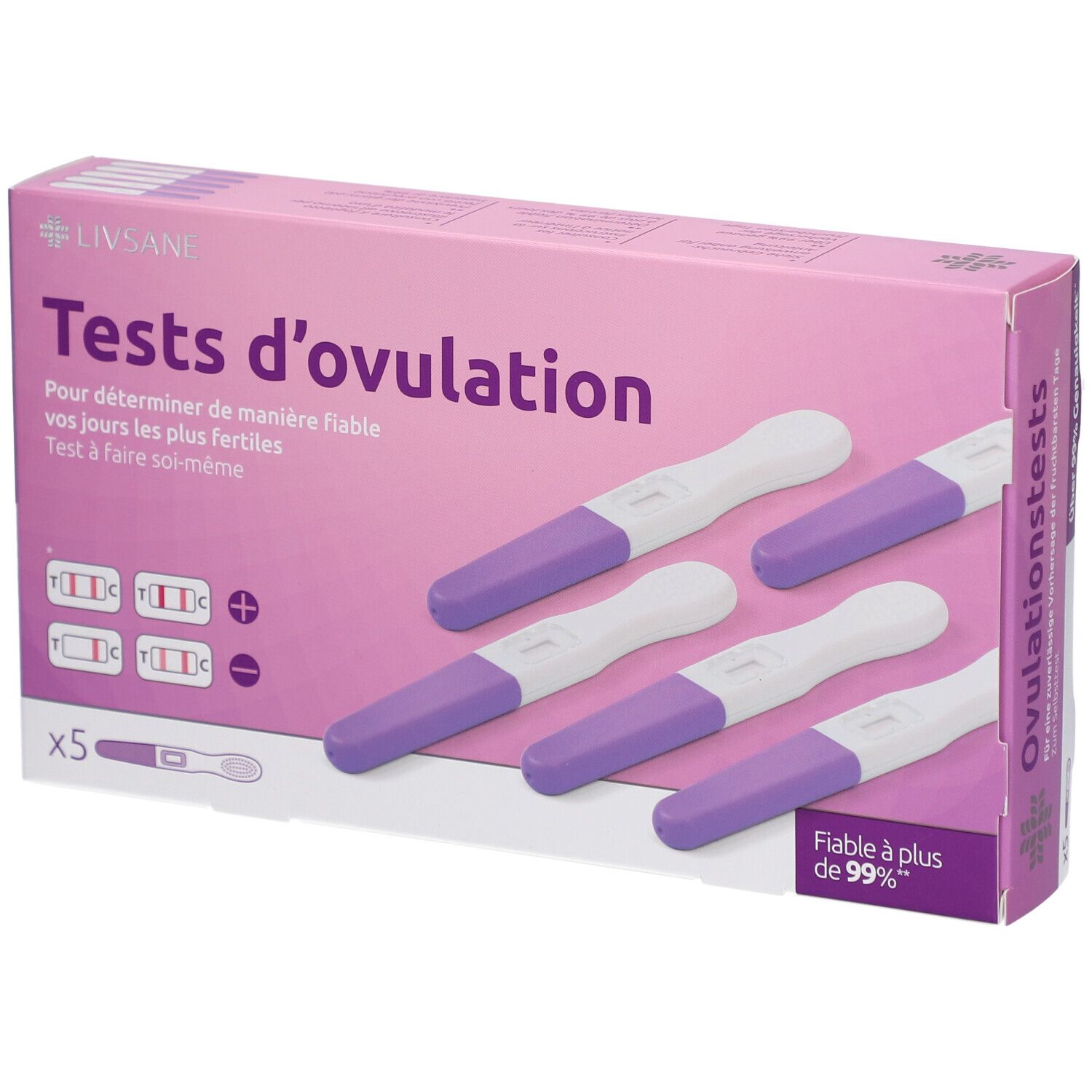 Boîte de tests d'ovulation LIVSANE. Sur l'emballage, il est écrit "Tests d'ovulation". Des bâtonnets violets et blancs sont visibles. L'emballage est rose.