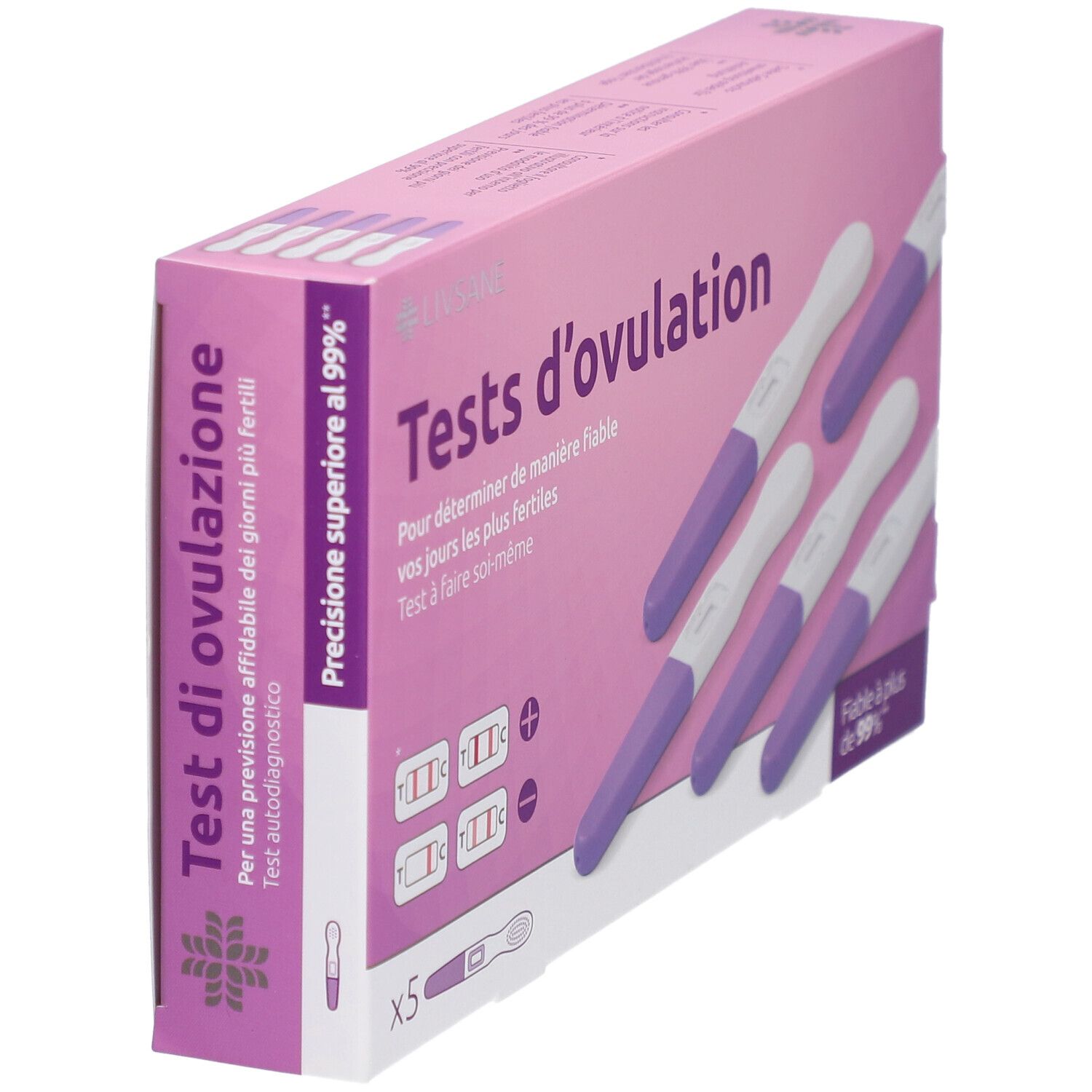Boîte de tests d'ovulation LIVSANE. Sur l'emballage, il est écrit "Tests d'ovulation". Des bâtonnets violets et blancs sont visibles. L'emballage est rose.