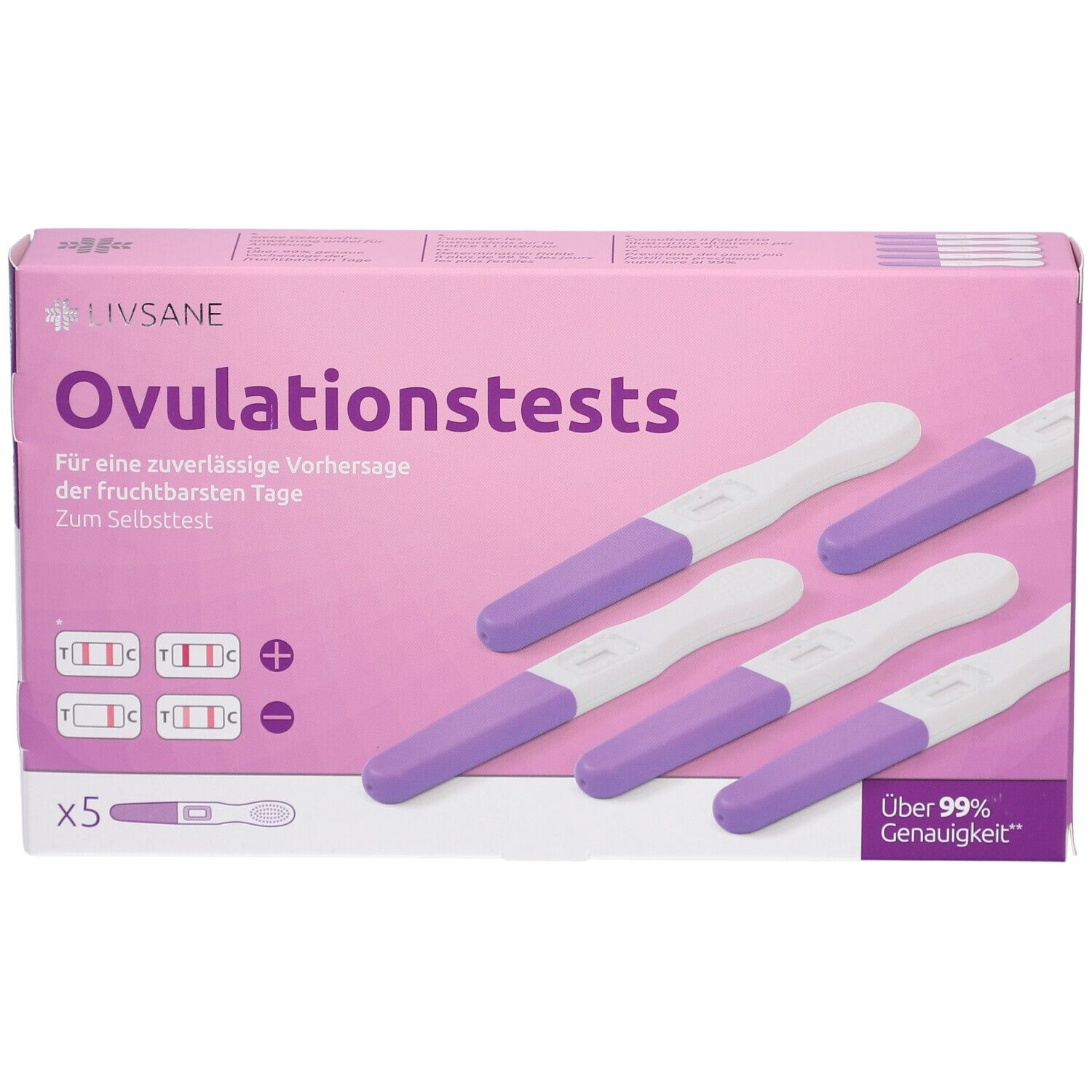 Boîte de tests d'ovulation LIVSANE avec 5 bâtonnets. Bâtonnets violets et blancs à côté de l'emballage. Sur l'emballage, il est écrit "Tests d'ovulation".