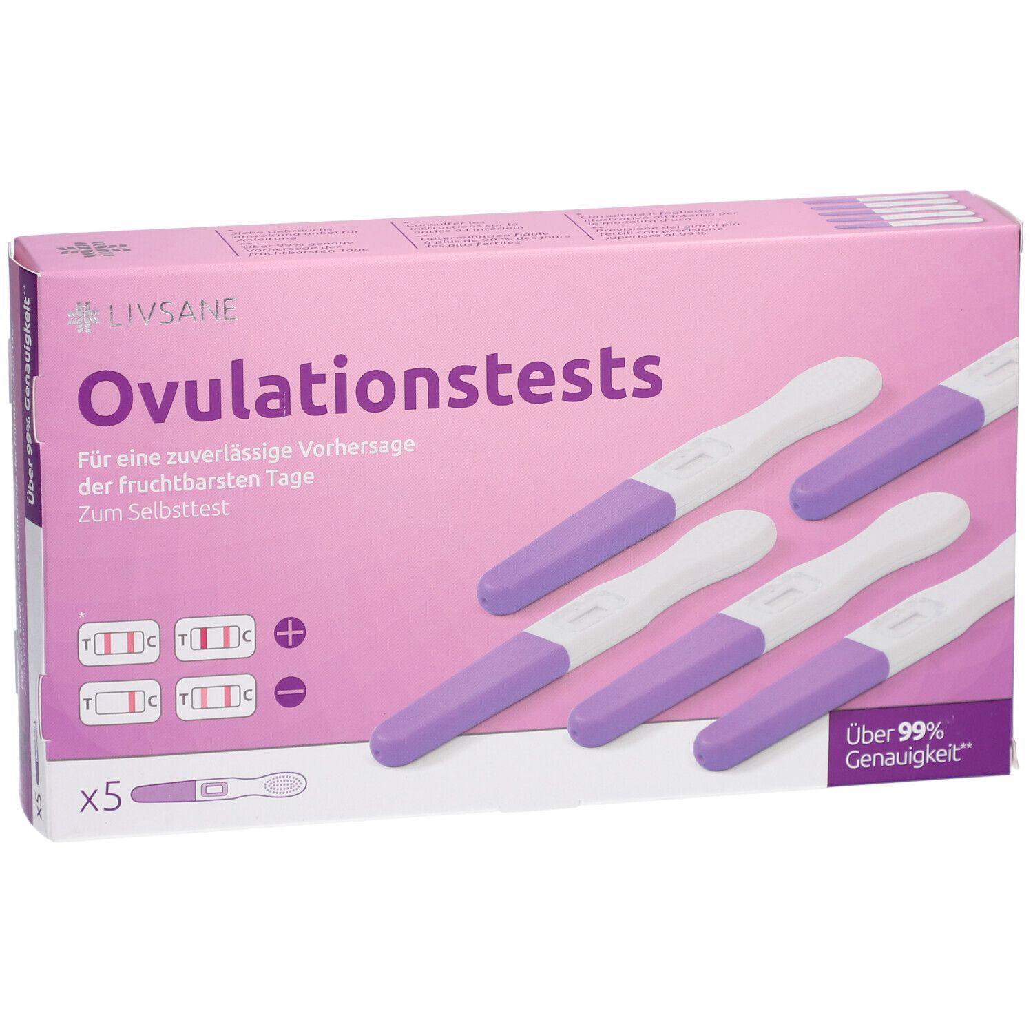Boîte de tests d'ovulation LIVSANE avec 5 bâtonnets. Bâtonnets violets et blancs à côté de l'emballage. Sur l'emballage, il est écrit "Tests d'ovulation".