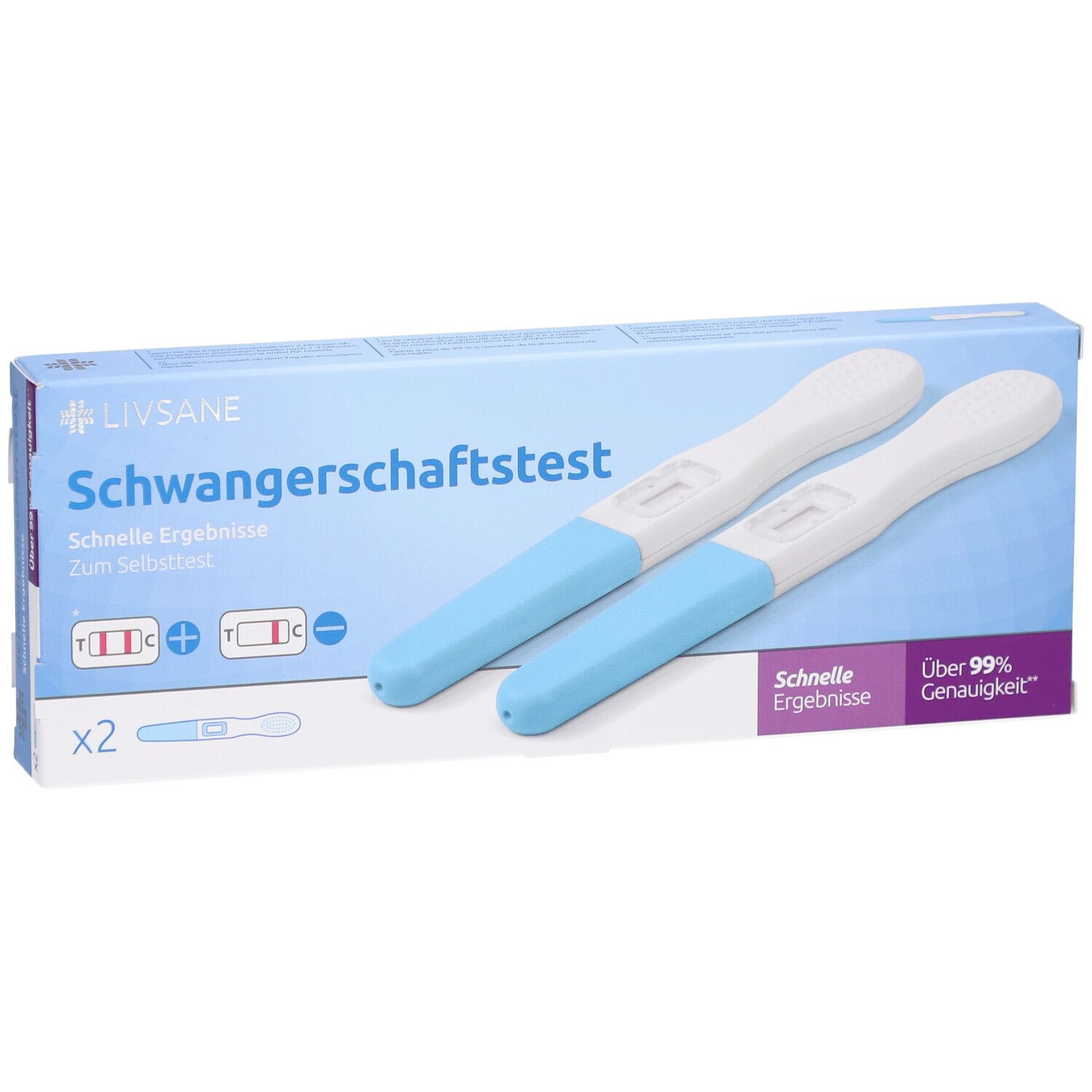 Test de grossesse Livsane : deux bâtonnets blanc et bleu clair, affichage numérique, "Résultat rapide".
