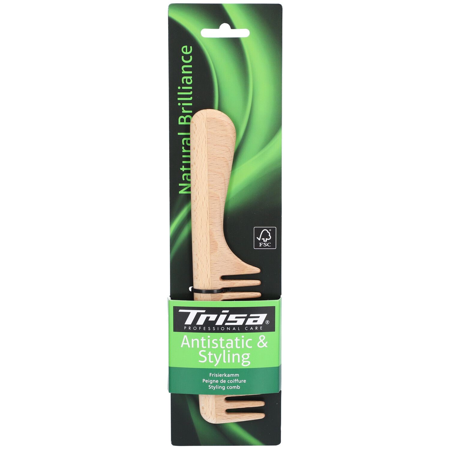 Peigne en bois à dents larges, emballé dans un étui en carton avec informations produit et label FSC.