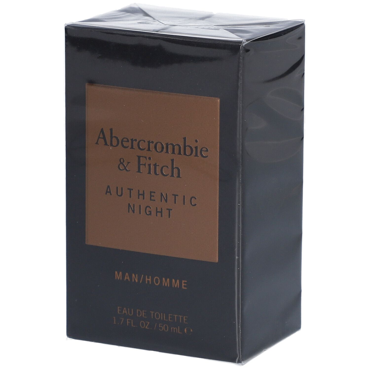 Boîte noire Abercrombie & Fitch Authentic Night. Inscription: MAN/HOMME, Eau de Toilette, 1.7 FL. OZ. / 50 mL.