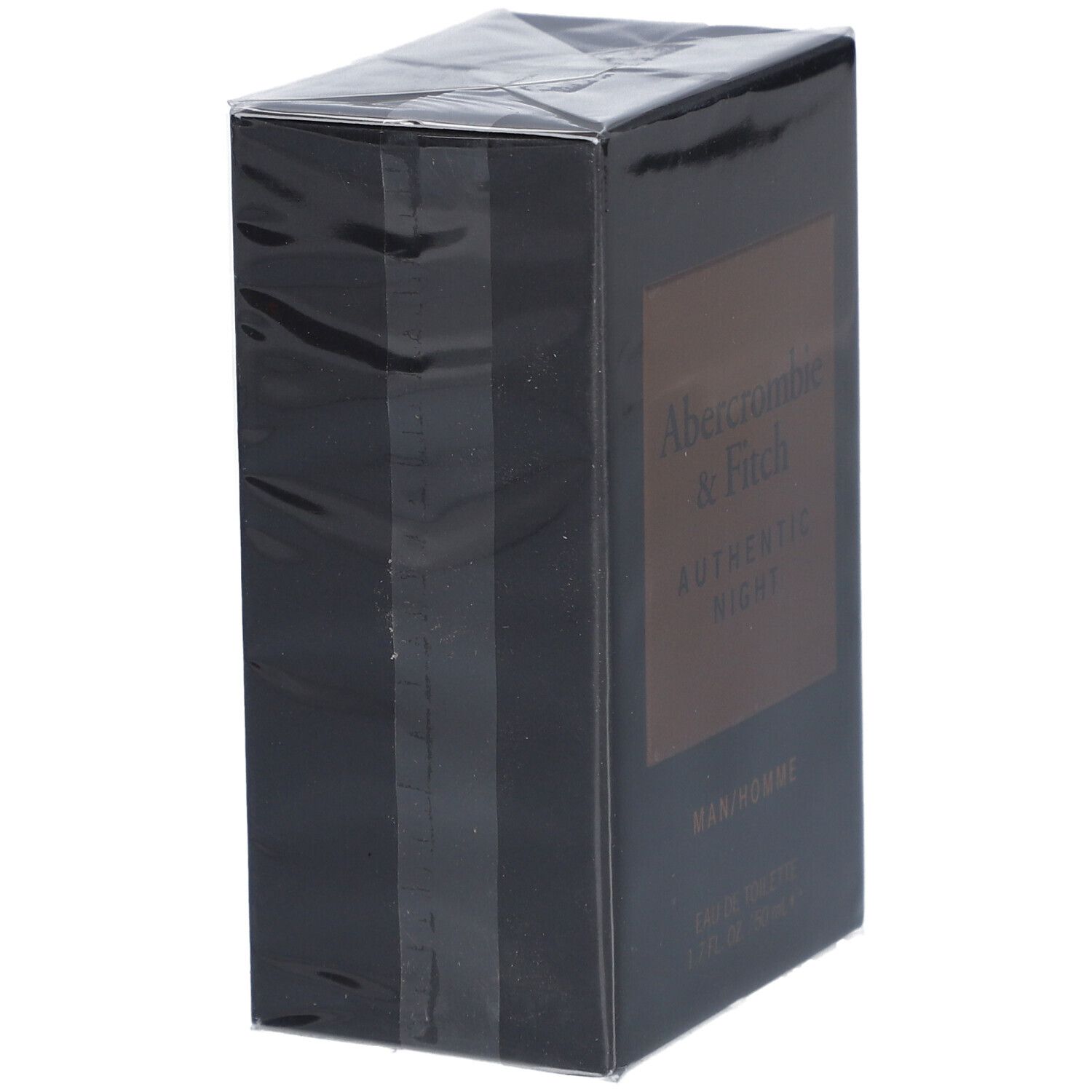 Boîte noire Abercrombie & Fitch Authentic Night, emballée. Inscription: MAN/HOMME, Eau de Toilette.