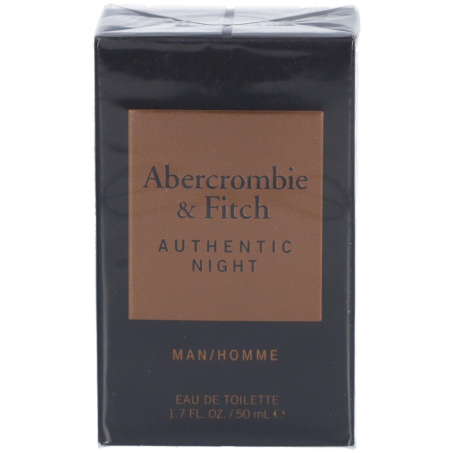 Boîte noire Abercrombie & Fitch Authentic Night. Inscription: MAN/HOMME, Eau de Toilette, 1.7 FL. OZ. / 50 mL.