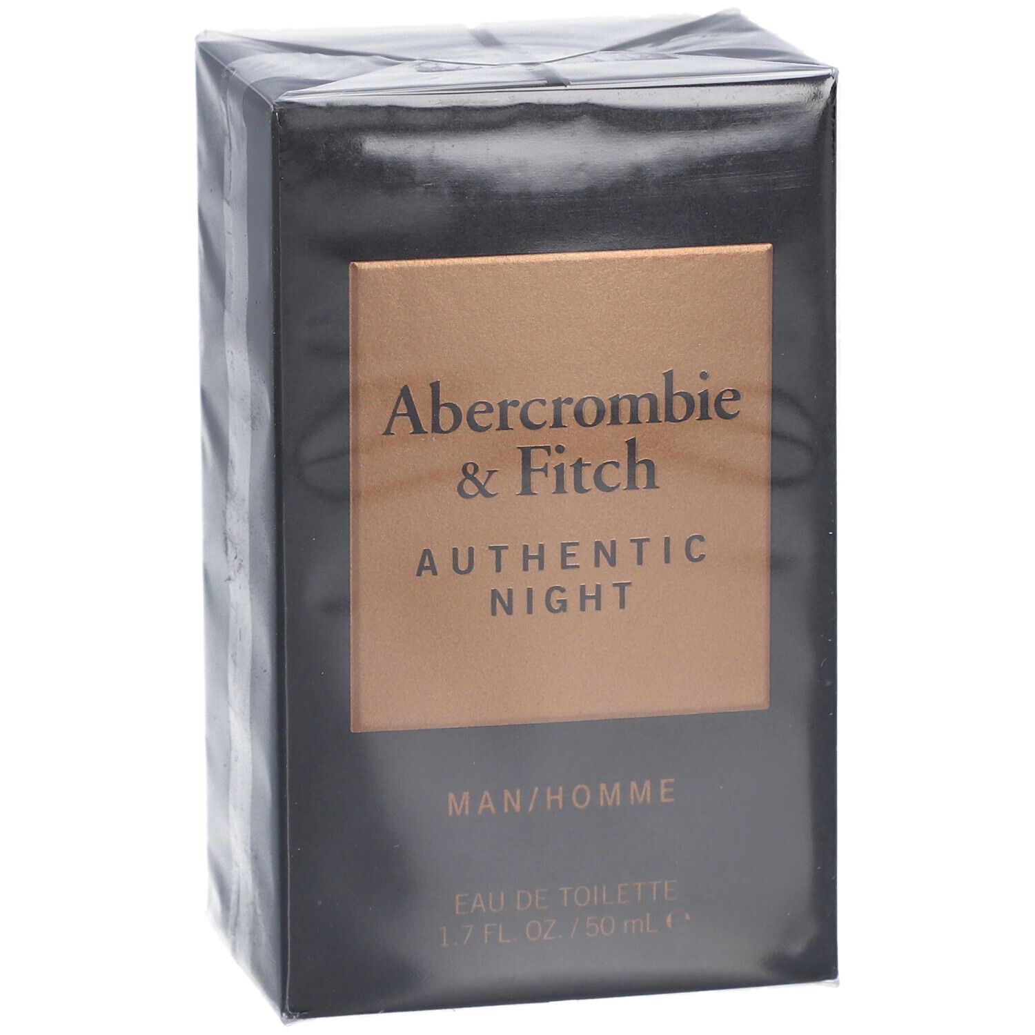 Boîte noire Abercrombie & Fitch Authentic Night. Inscription: MAN/HOMME, Eau de Toilette, 1.7 FL. OZ. / 50 mL.