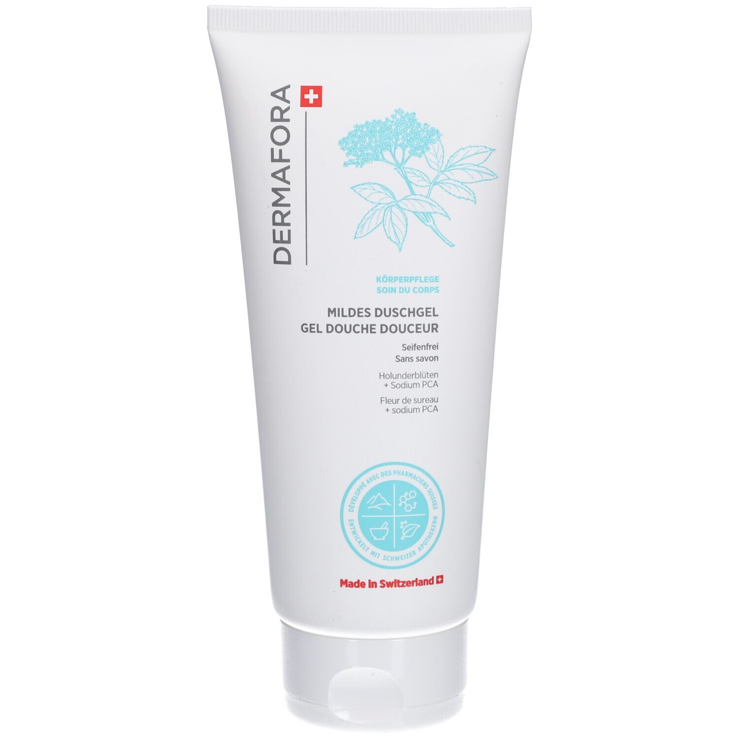 Tube blanc avec impression. Logo "DERMAFORA", "Mildes Duschgel" et illustration de plante. "Made in Switzerland".