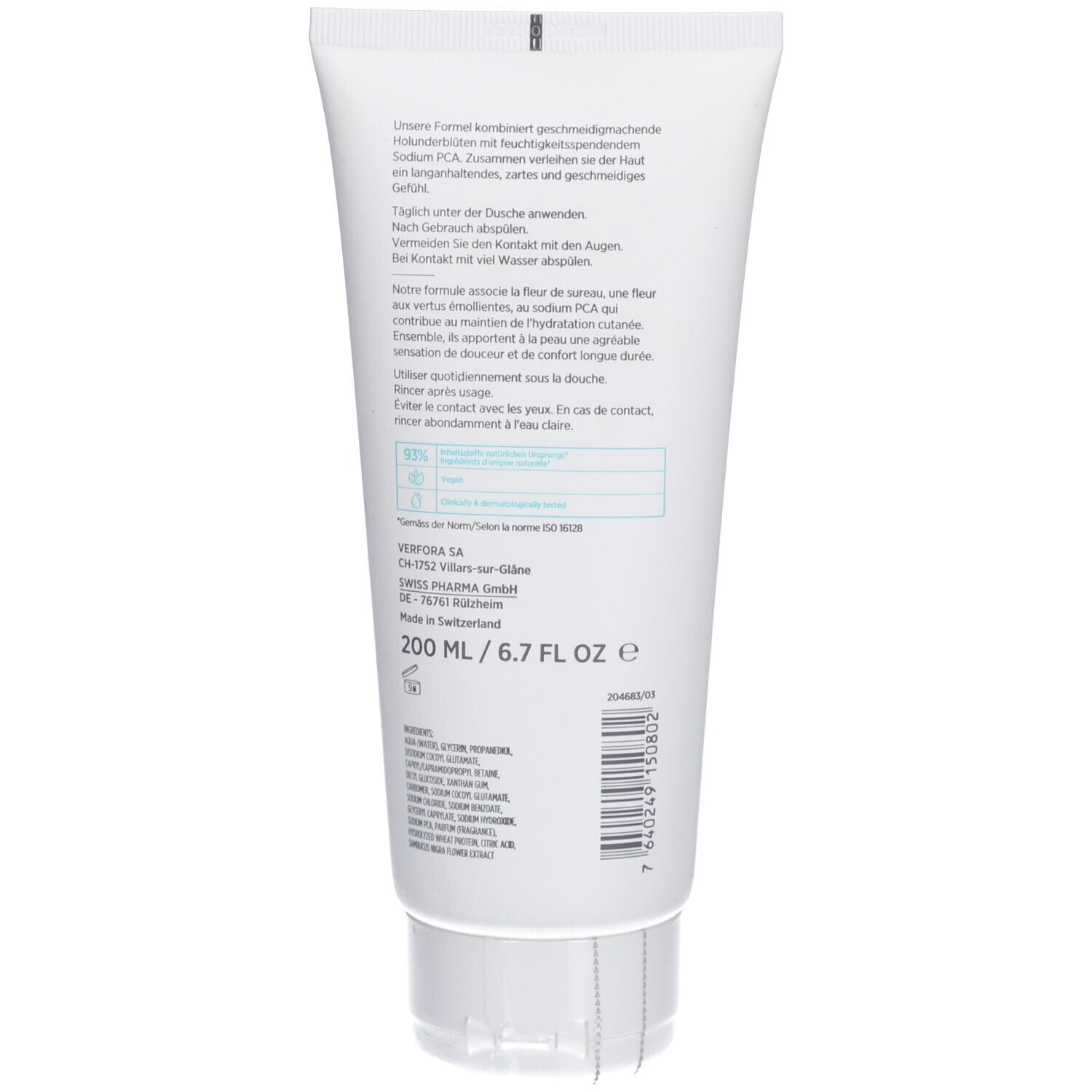 Dos du tube blanc. Informations textuelles, ingrédients, informations fabricant et indication de volume: 200 ml / 6.7 FL OZ.