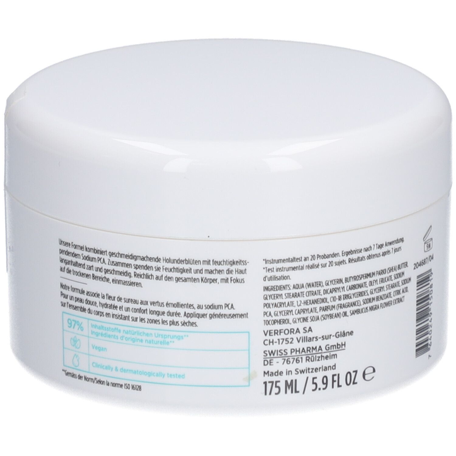 Pot blanc avec couvercle. Texte et ingrédients sur le côté. 175 ml/5.9 fl oz. Fabriqué en Suisse.