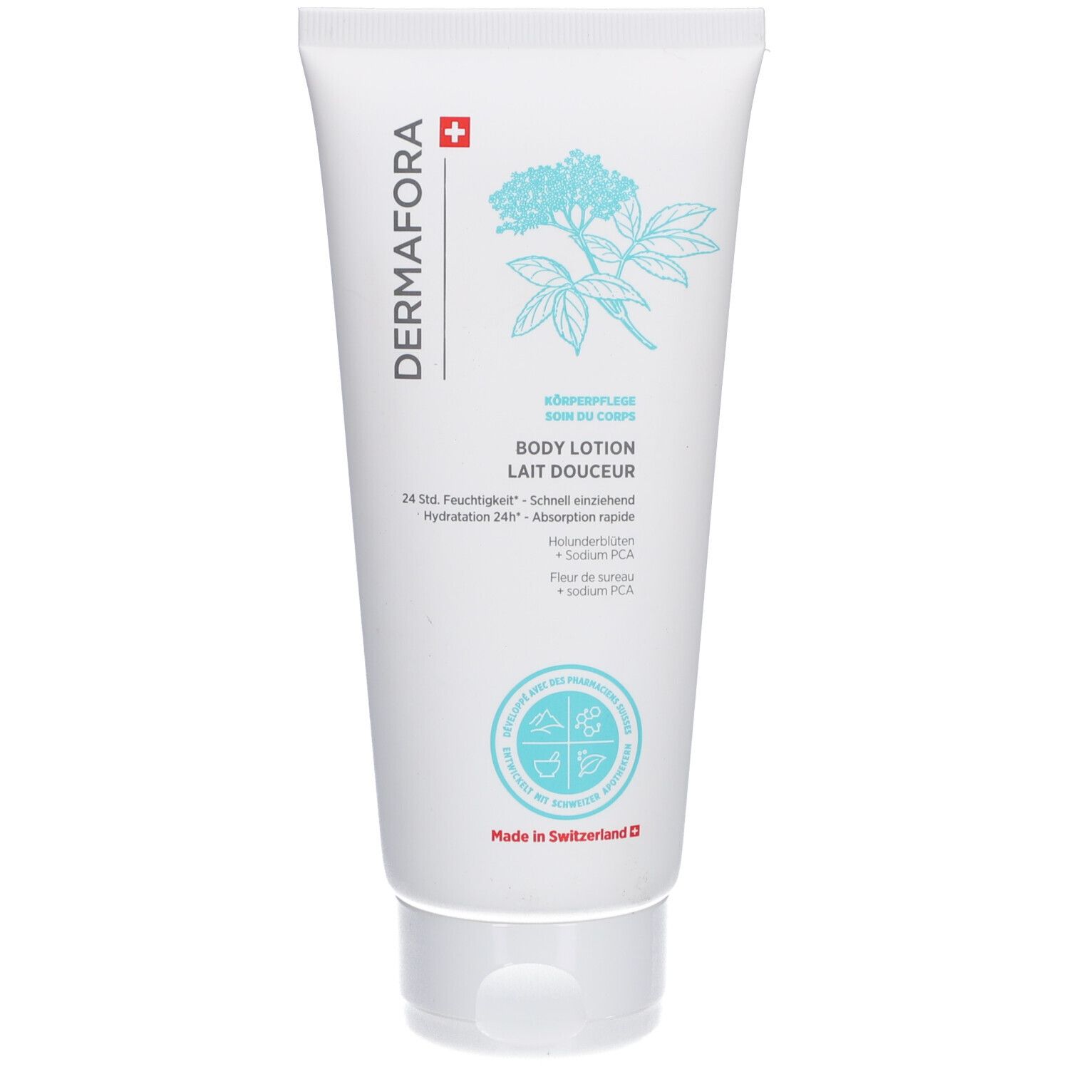 Tube blanc avec logo "DERMAFORA" et illustration florale. Texte : "Body Lotion", "Körperpflege", "Lait Douceur". Croix suisse.
