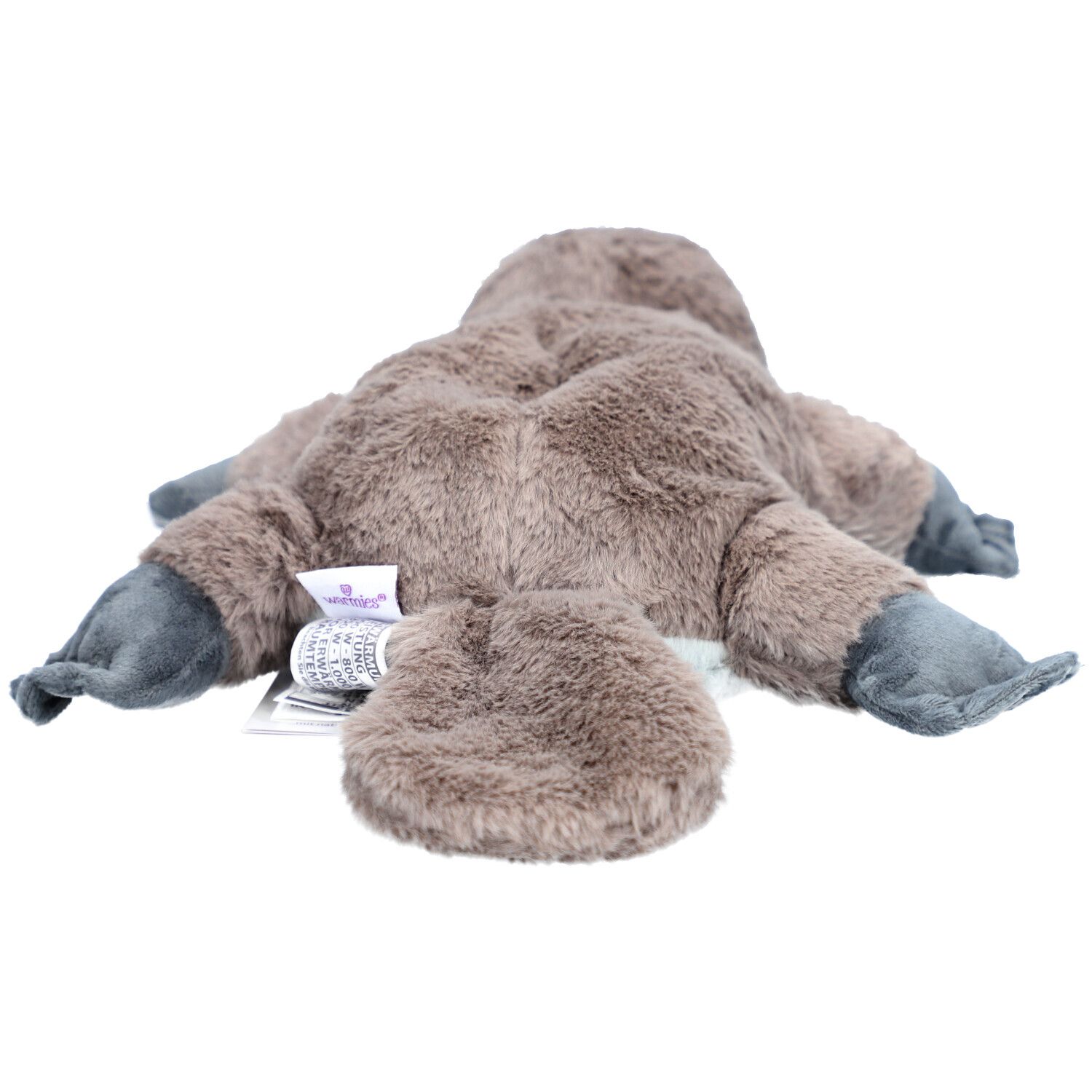 Vue arrière de la peluche ornithorynque. Gris-brun, avec étiquette.
